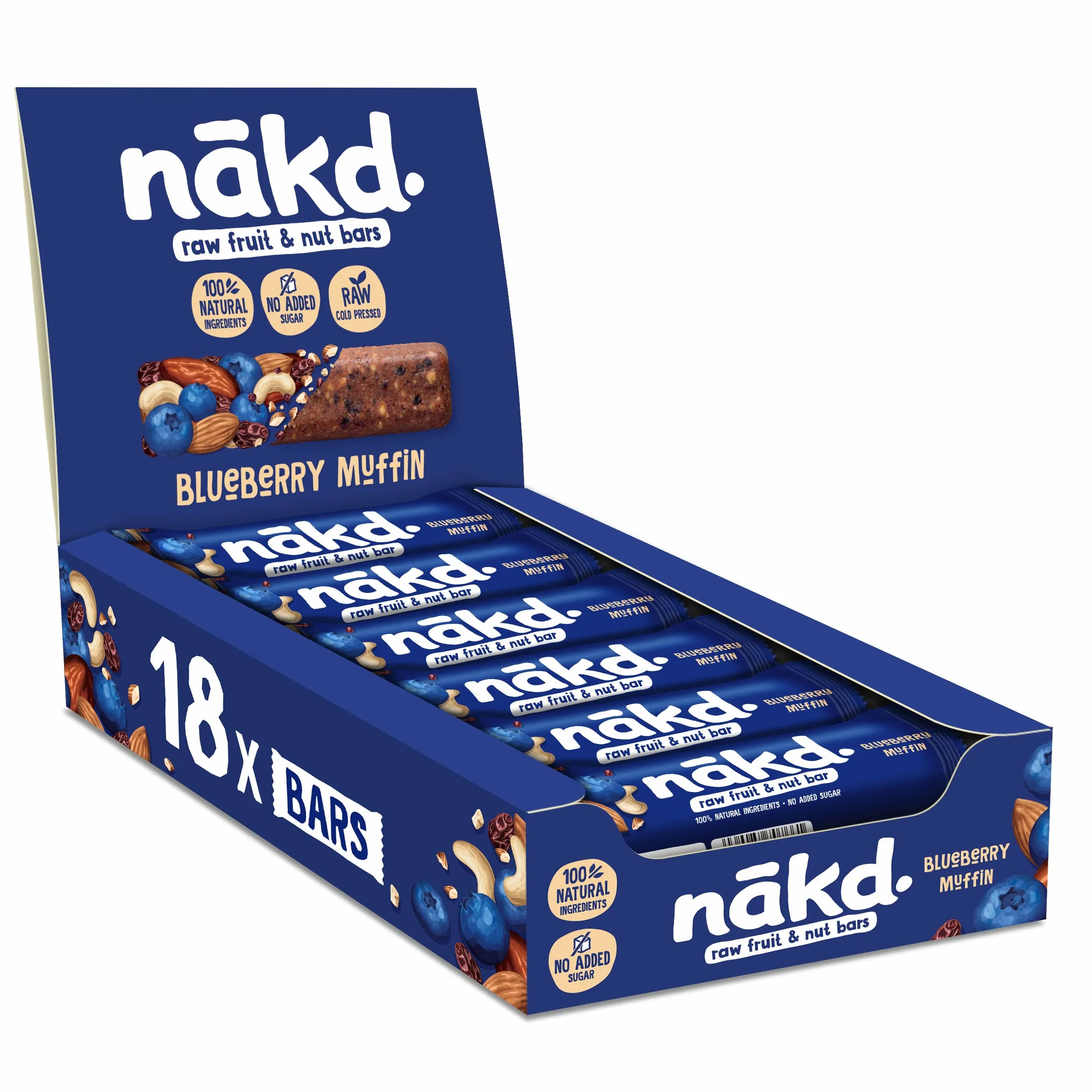 Nākd. Blueberry Muffin Barritas Raw de Fruta y Frutos Secos 100% Ingredientes Naturales Sin Azúcar Añadido 18 x 35g