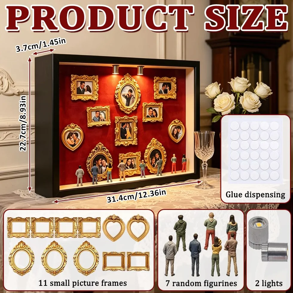 Mini Museo Fotos, HOVCEH Museum of Us con 8 Figuras, Creativa DIY Mini Marcos de Fotos Vintage con Iluminación, Museo en Miniatura Regalo Ideal para Bodas, Parejas y Exposiciones Fotográficas