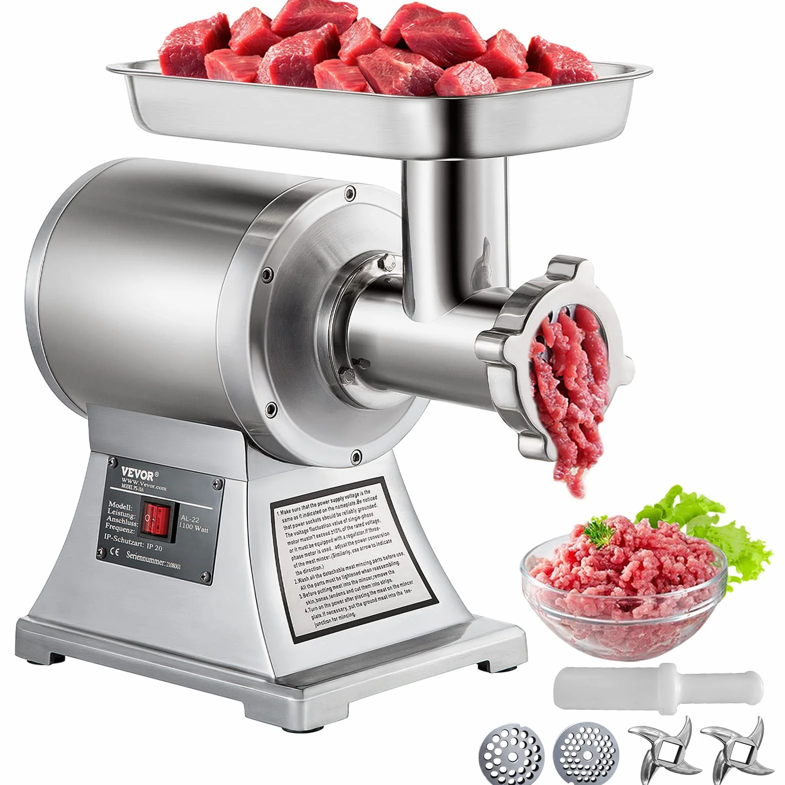 VEVOR Picadora de carne eléctrica 1100 W, capacidad 250kg/h, triturador de carne comercial, material de acero inoxidable para restaurantes supermercados tiendas de restauración rápida carnicerías