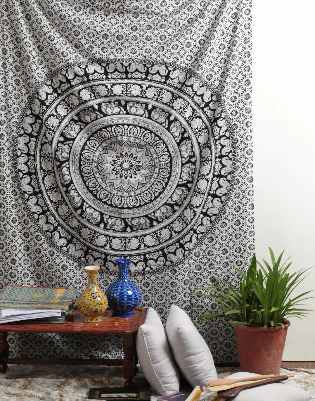 RAJRANG BRINGING RAJASTHAN TO YOU Tapiz de mandala para colgar en la pared, tapices de algodón decorativos en blanco y negro, 213 x 137 cm