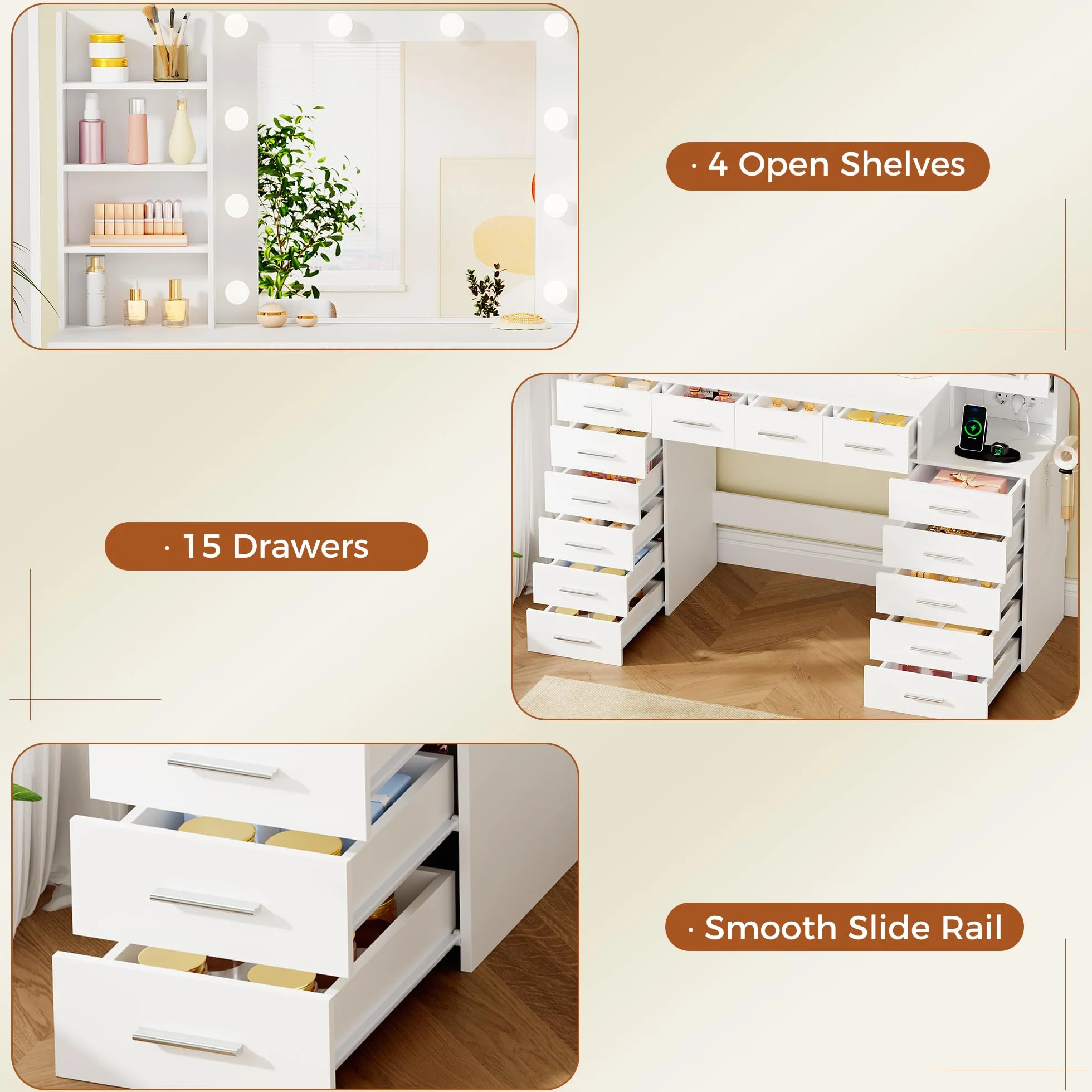ANWBROAD Grande Tocador con luz LED, Brillo Regulable,Tocador de Maquillaje con Espejo y Enchufes, Mesa de Maquillaje con 15 cajones y 7 Estantes Abiertos para Dormitorio,Blanco Moderno BDT37W