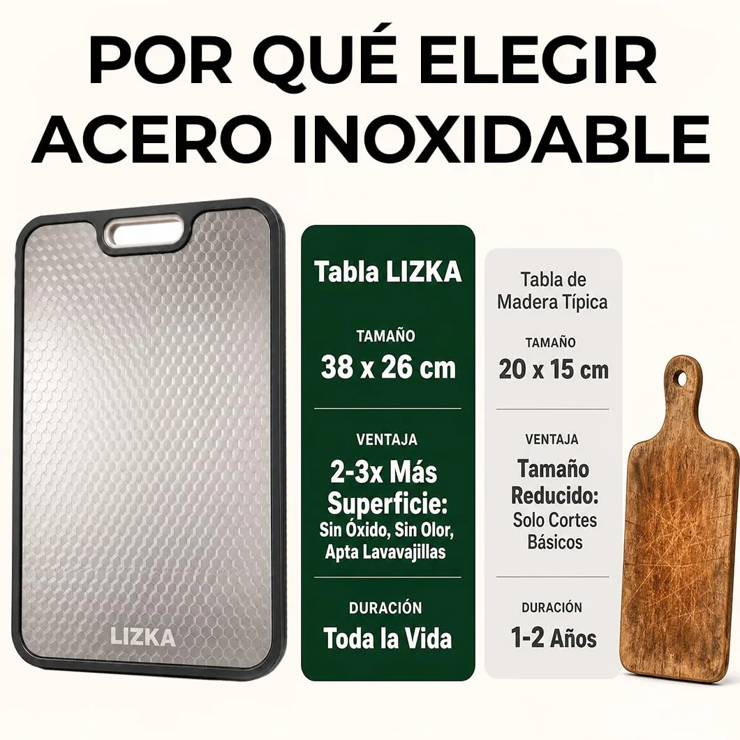 Tabla de Cortar Acero Inoxidable Doble Cara 38x26cm Apta Lavavajillas