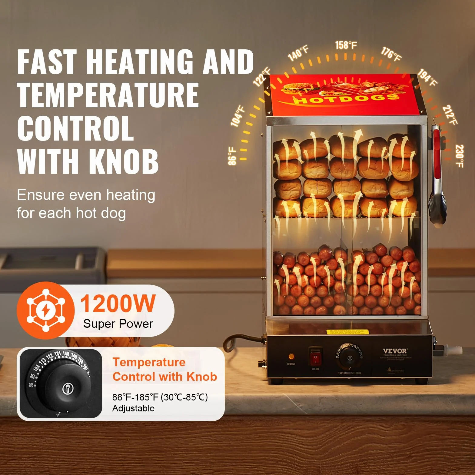 VEVOR Vaporera para Perritos Calientes, 37 L, 2 Niveles, Control de Temperatura de 30 ℃ a 85 ℃, con Puertas Corredizas de Vidrio Templado, Pinzas Placa Divisoria, Acero Inoxidable, 345 x 380 x 640 mm