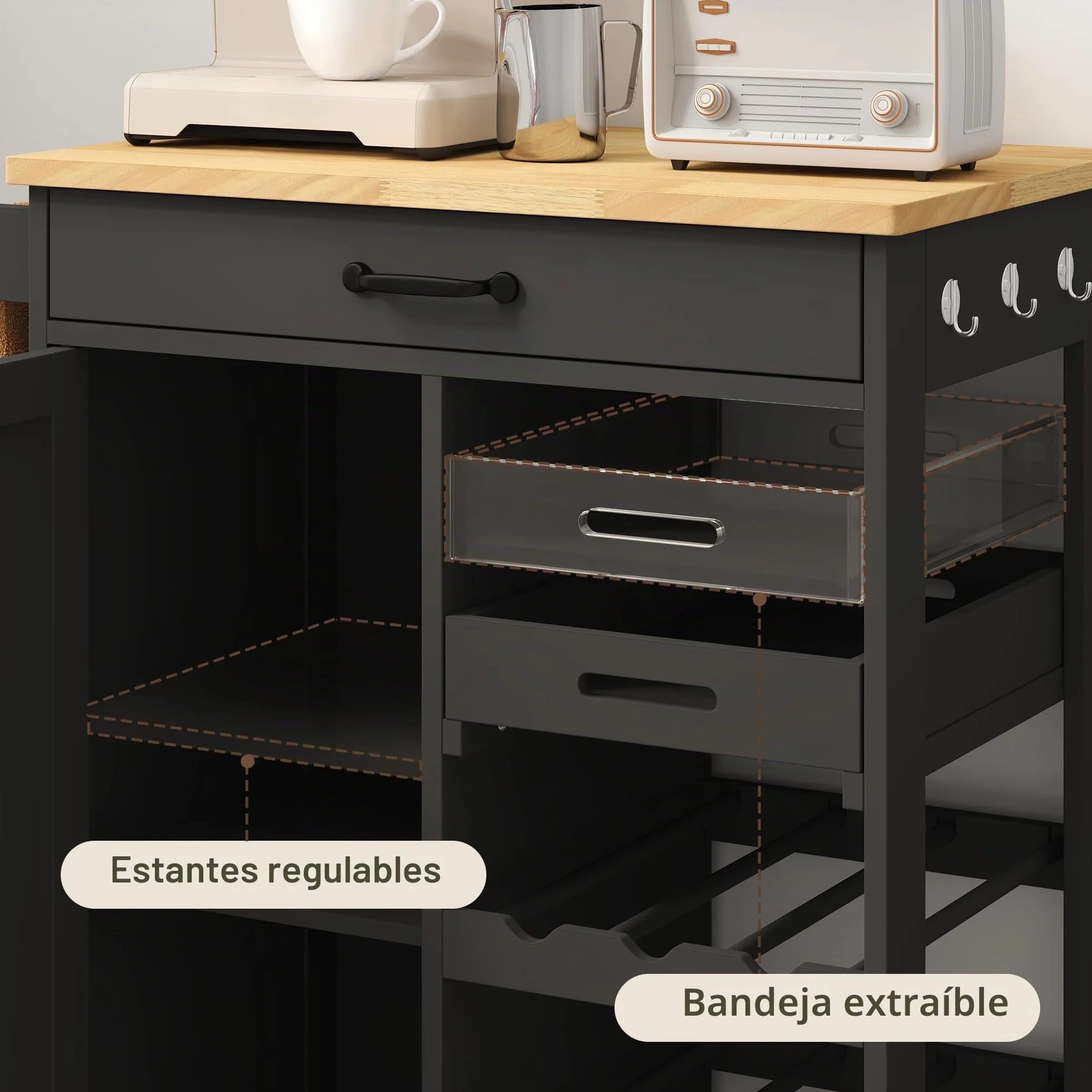 Xbro Carrito Auxiliar con Ruedas, Carrito con encimera, cajón, Bandeja extraíble, Estante para Vino, toallero y Gancho, Carrito Auxiliar para Cocina, Comedor y Bar, 40 x 64 x 91 cm, Negro