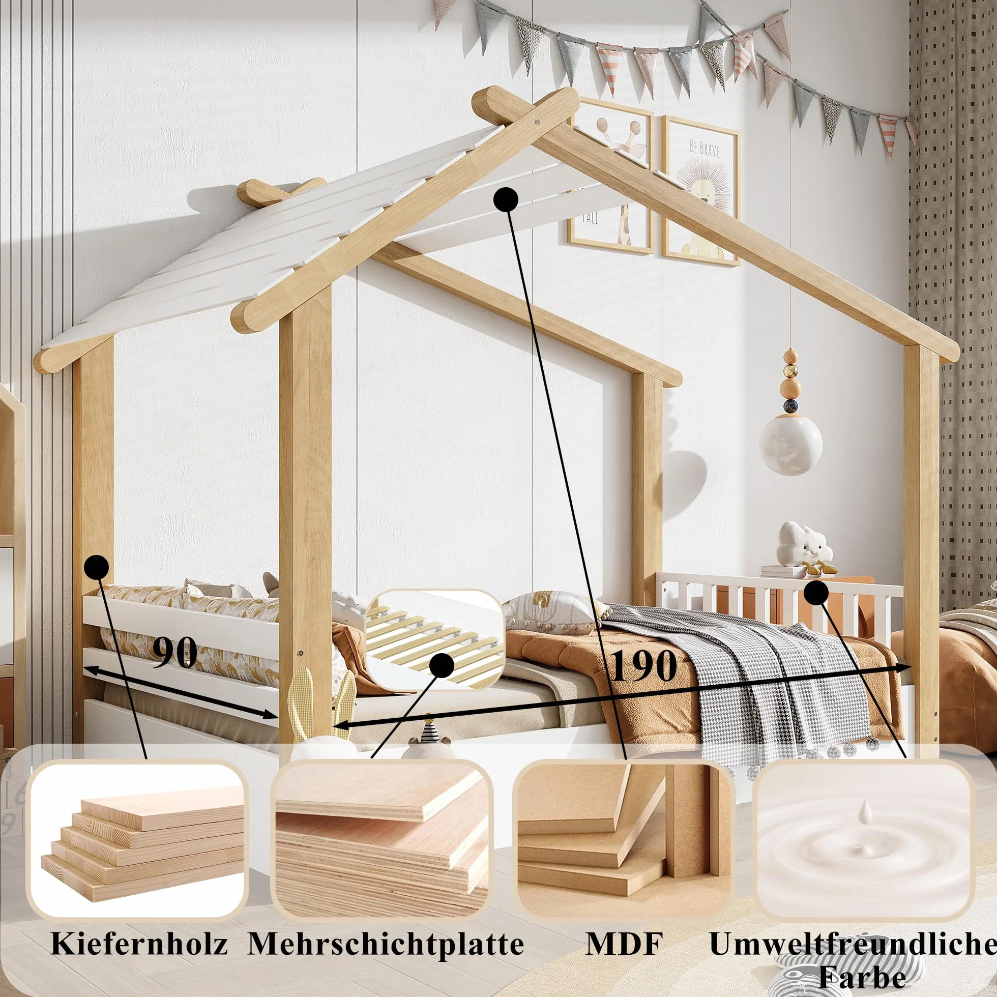 Cama Infantil 90x190 cm, Cama de Casa con Techo, Cama Nido para niños y niñas, Cama de Madera con Valla, Cama Familiar Individual con Protección Anticaídas y Somier, Blanco, Sin Colchón