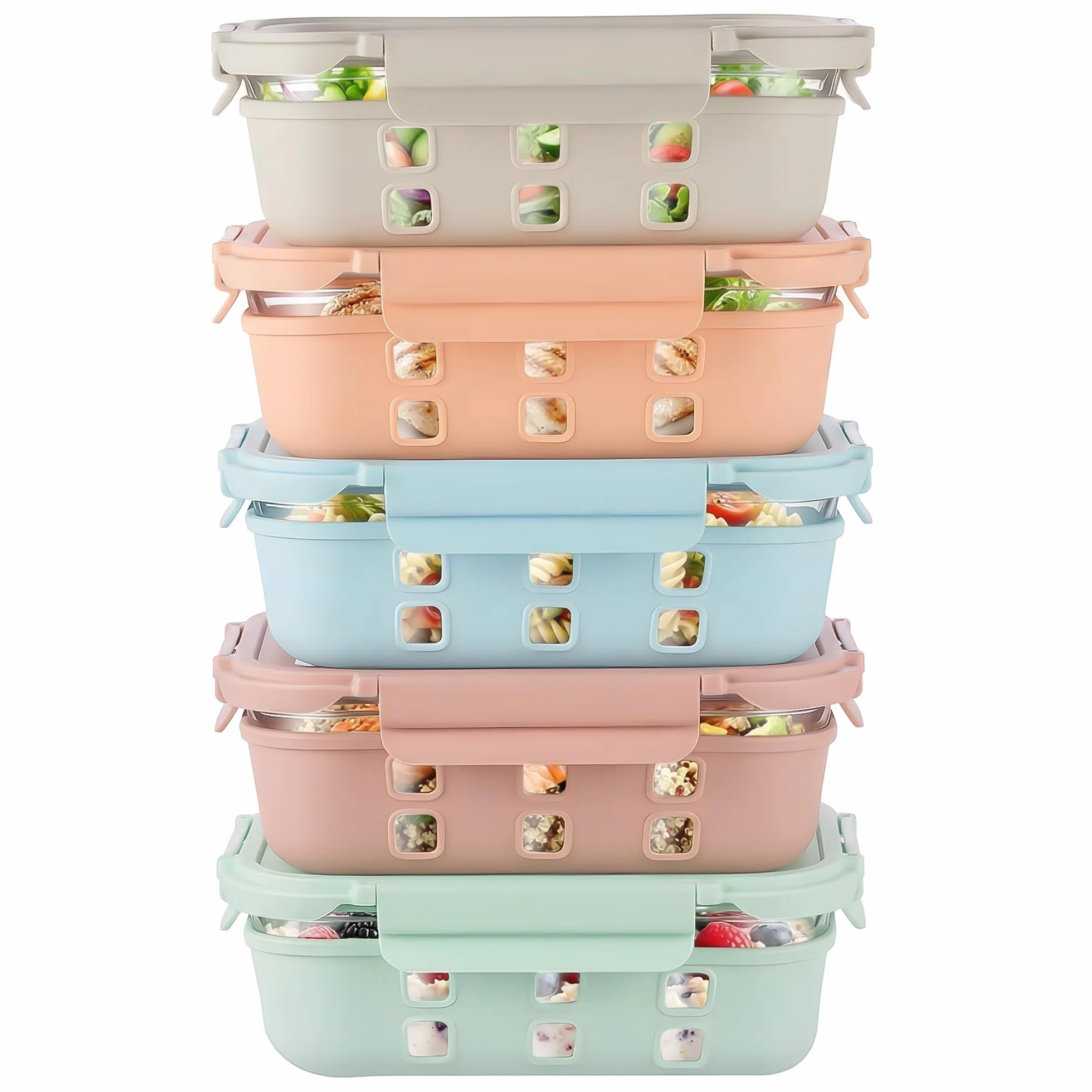 GENICOOK Recipientes de vidrio para almacenamiento de alimentos de 4.4 tazas, paquete de 5, recipientes herméticos para preparación de comidas con tapas de vidrio templado y funda antideslizante, a