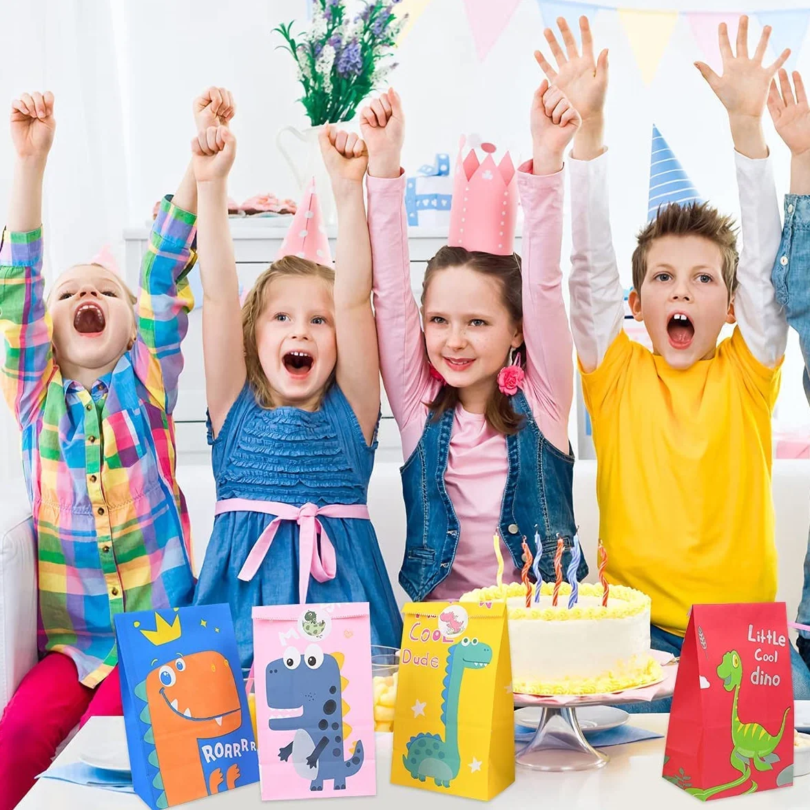 Flintronic 20PCS Bolsas de Regalo de Papel, con 24 Pegatinas de Dinosaurios (2 Piezas), Bolsas Kraft para Dulces, Fiesta Infantil, Celebraciones,Cumpleaños,Halloween,Navidad