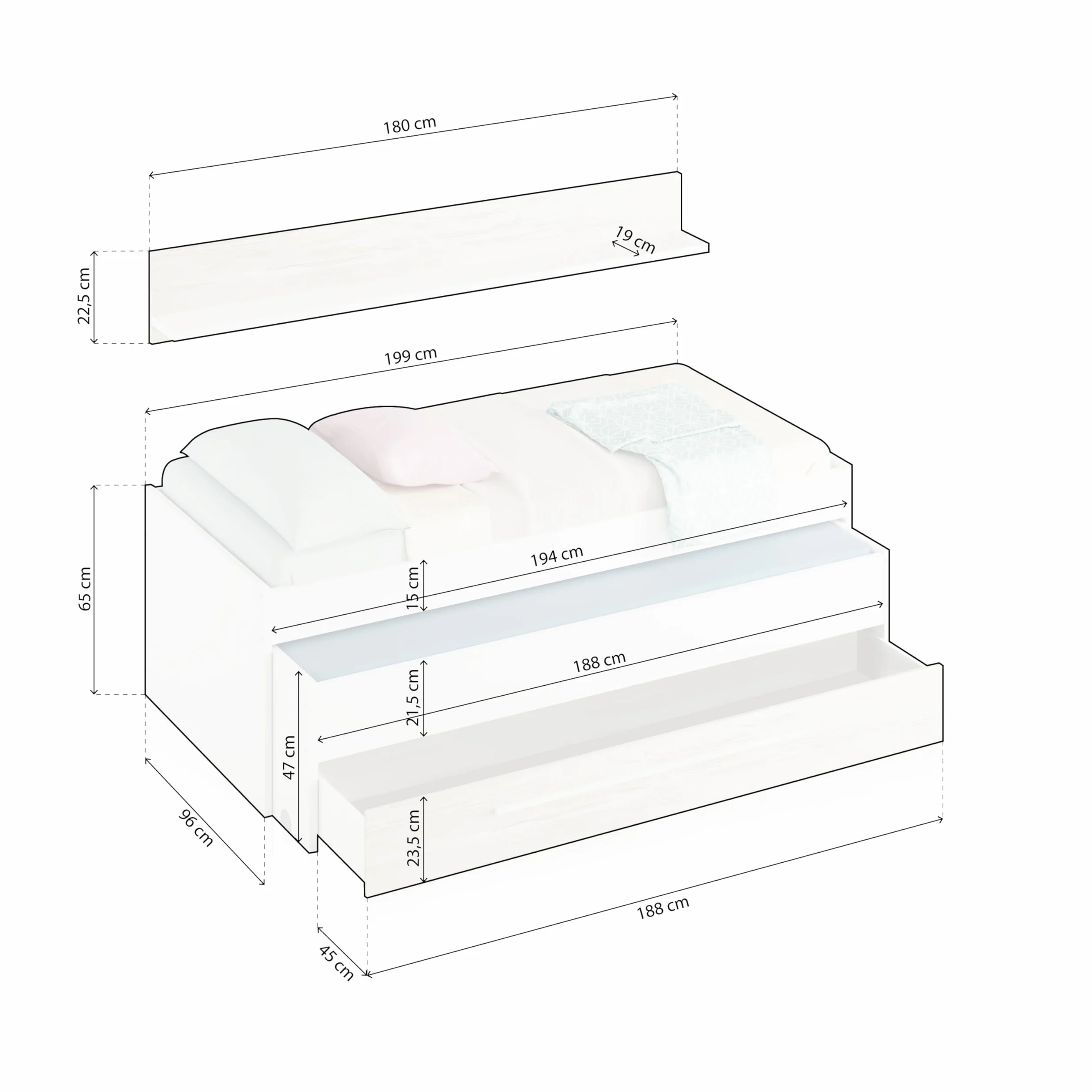 Cama Nido Juvenil 2 Camas Cajon Estante Modelo Nuit Blanco 199x96x65 cm