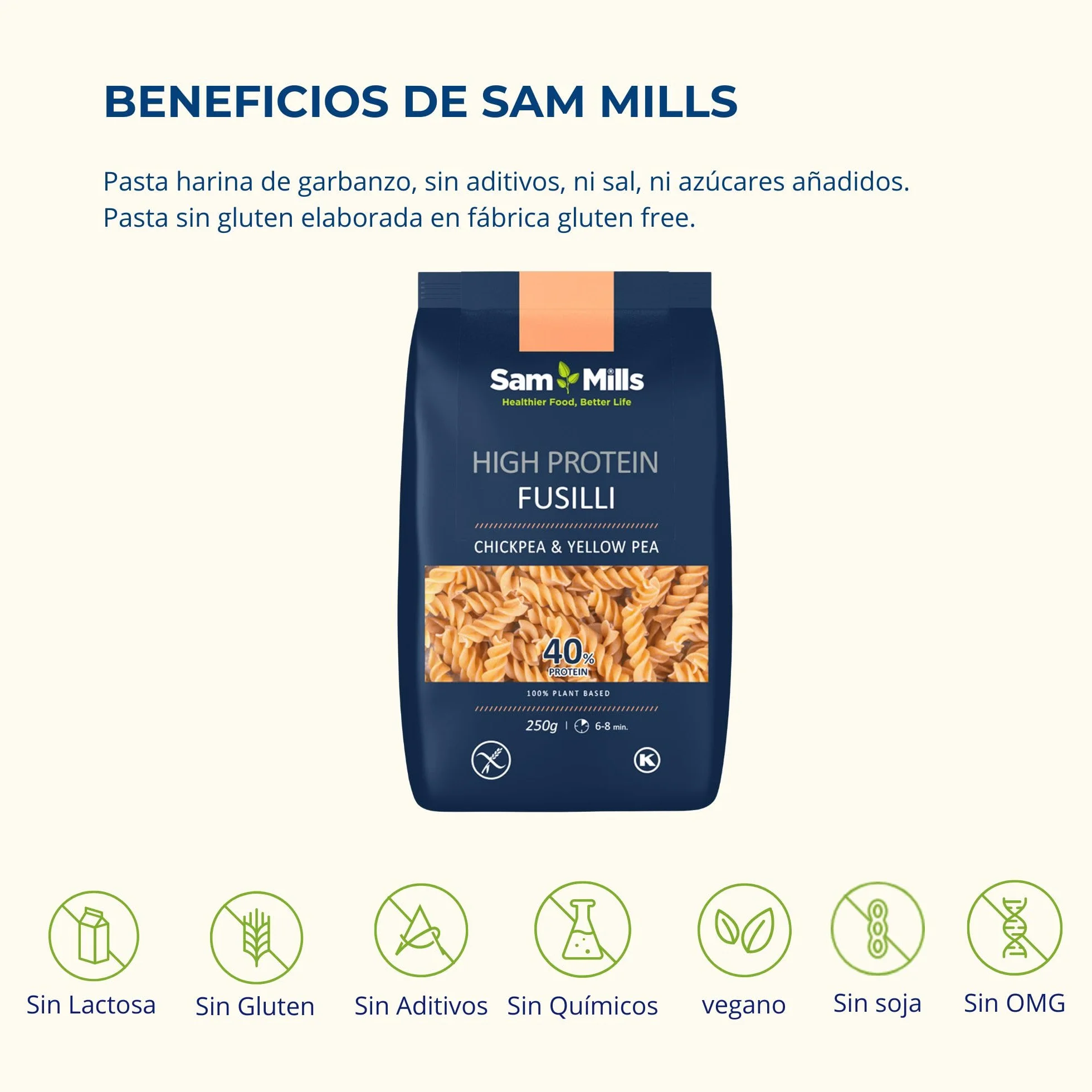 Sam Mills Fussilli de Garbanzo y Guisante Amarillo 250 g Pasta de Legumbres Sin Gluten