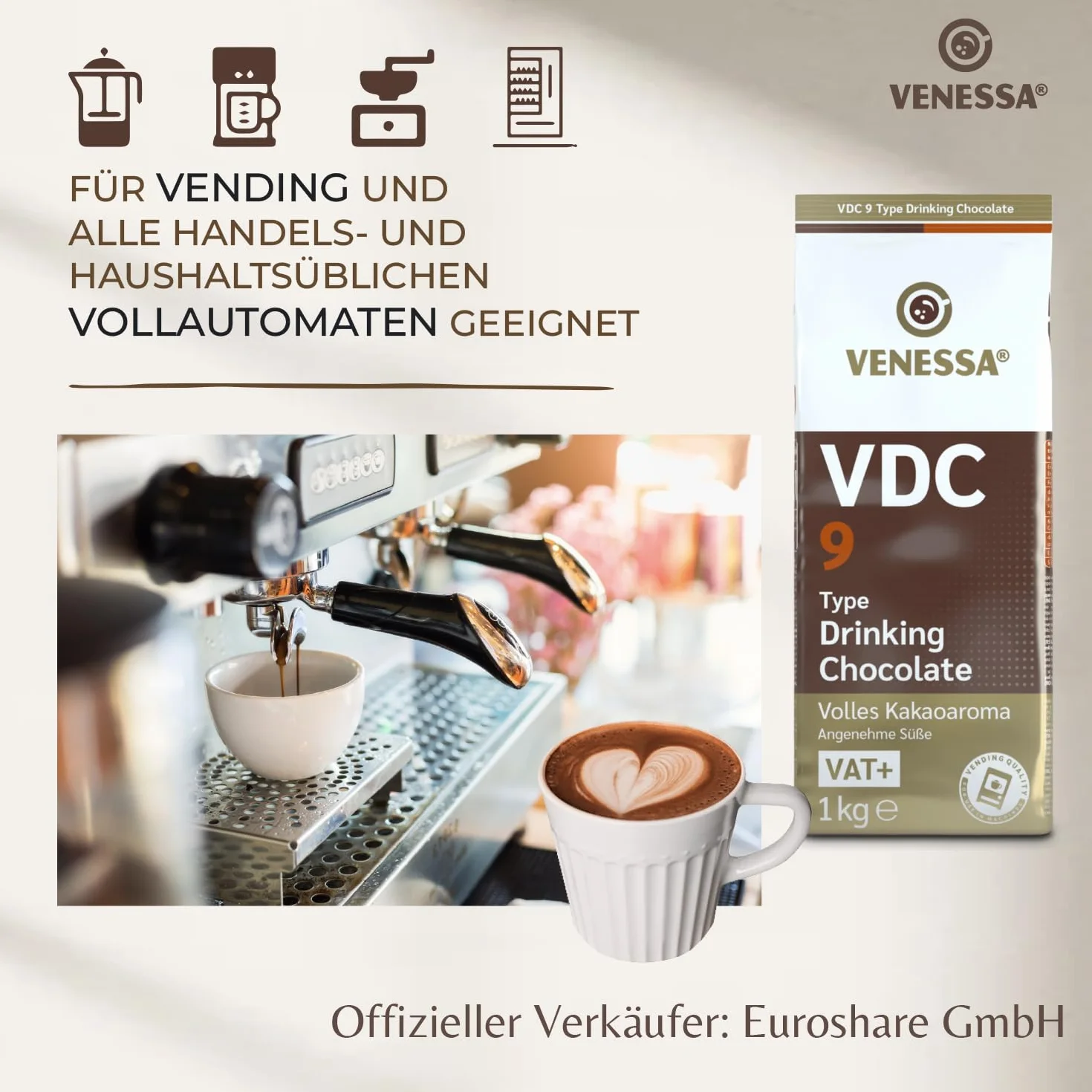 VENESSA VDC9 Chocolate para beber 2 x 1 kg Cacao en polvo 9% cacao premium Máquina expendedora