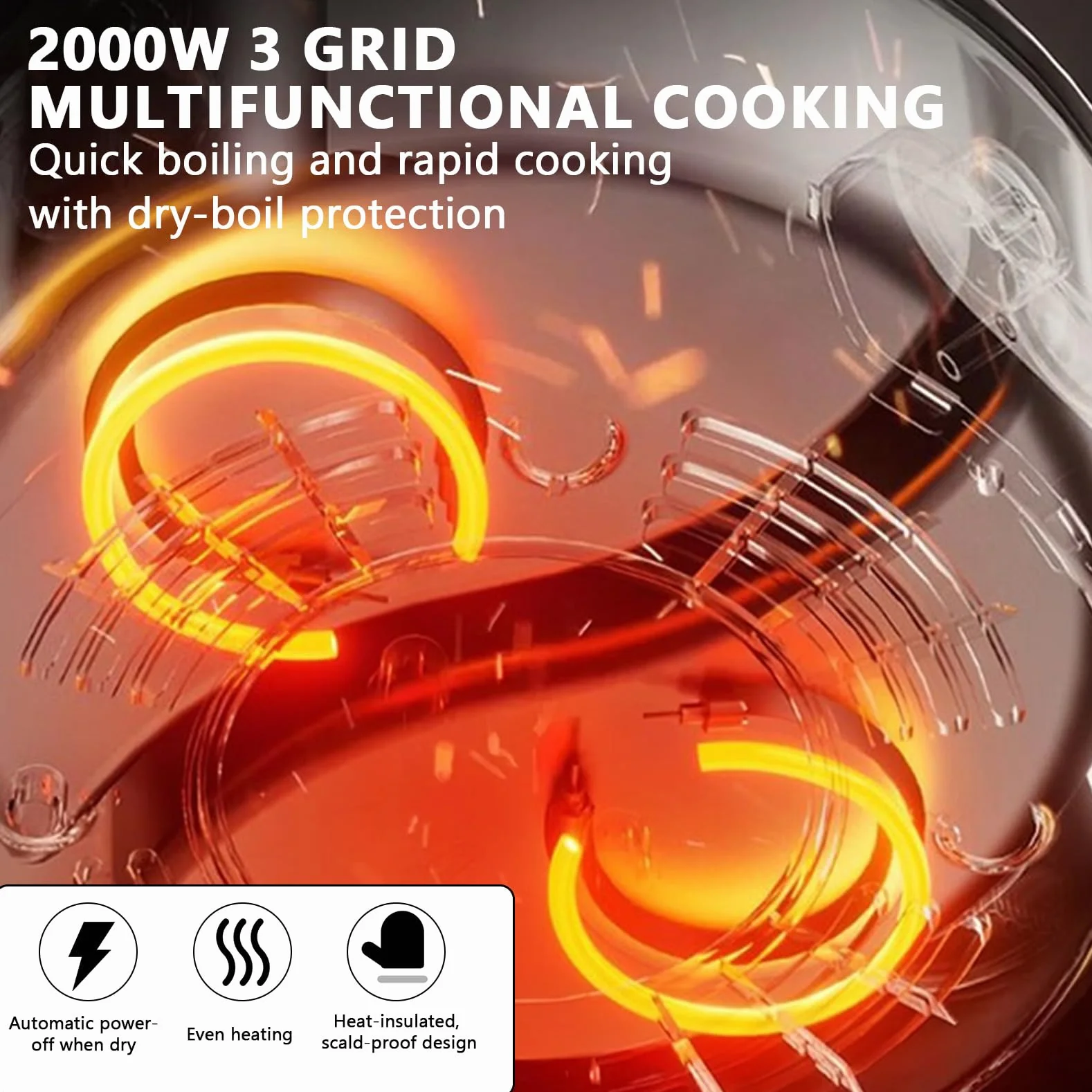 Olla eléctrica 5,3L 1600W con calentamiento rápido y revestimiento antiadherente, 3 niveles de temperatura