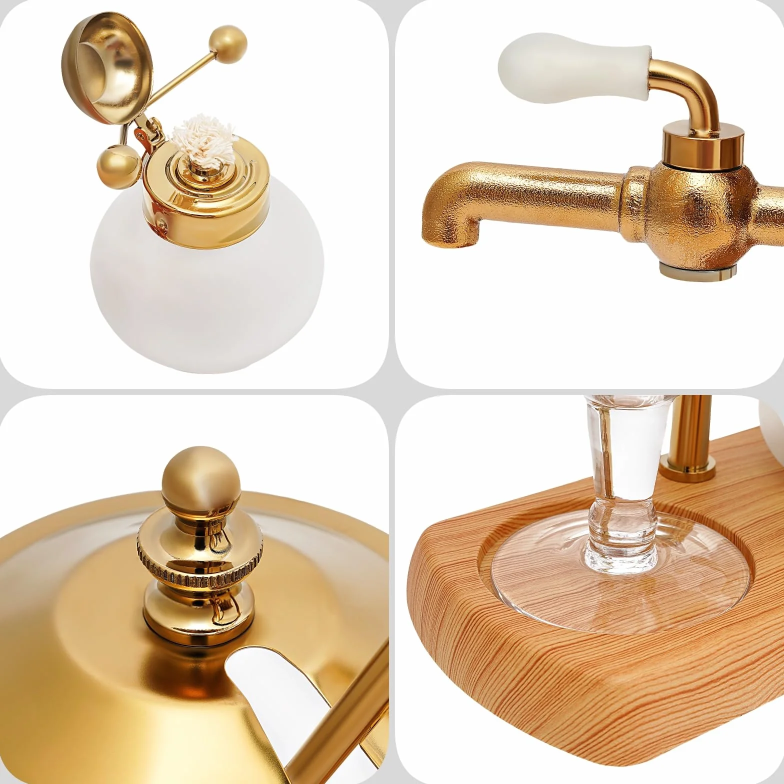 Luxury Siphon Balance - Juego de Cafetera con Sifón, Retro y al Vacío, Tetera, Base de Madera Natural y Pomo (Dorado)