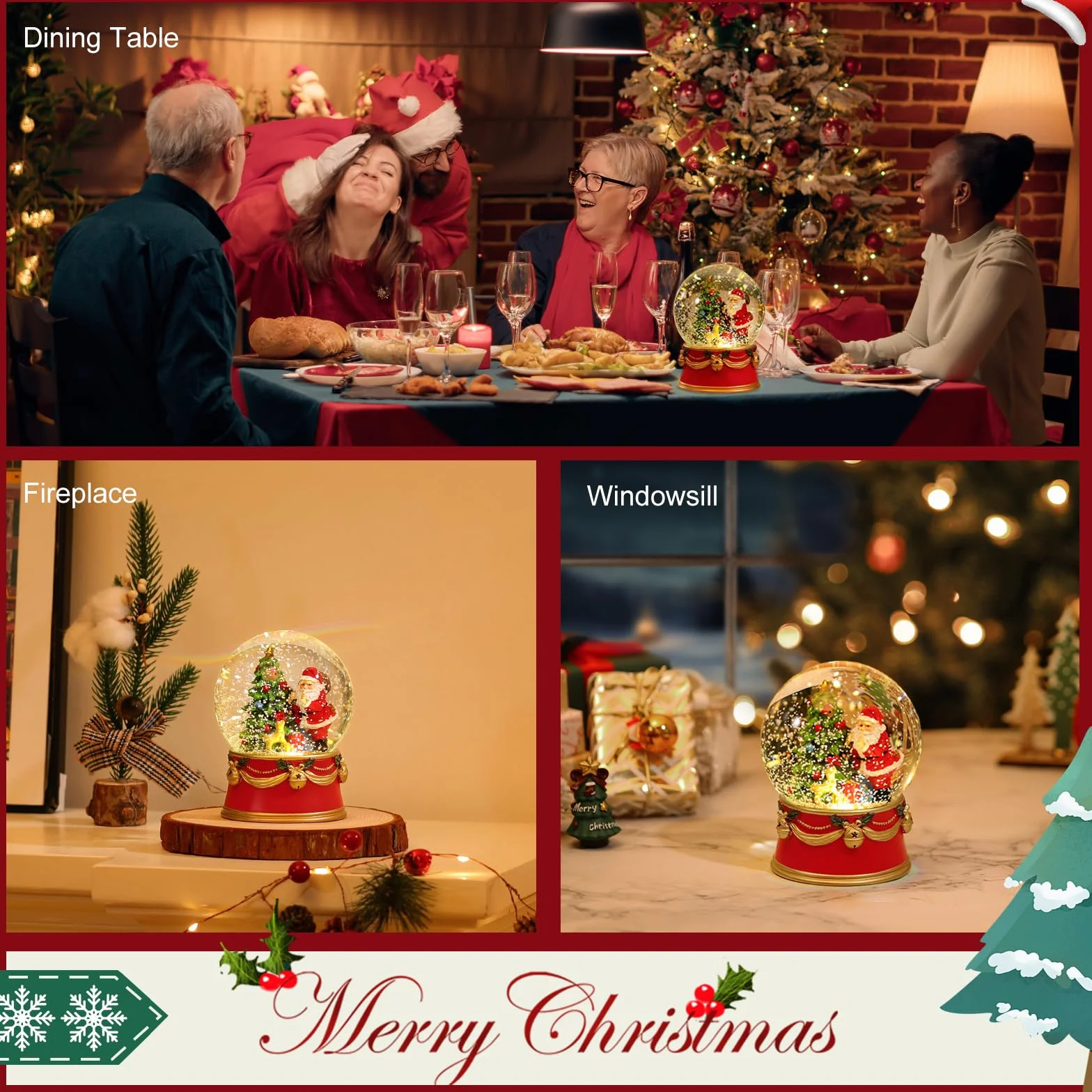 Lewondr Globo de Nieve Navideño, Globo de Cristal Alimentación por Pilas, Globo de Nieve Eléctrico de Papá Noel con Copos de Nieve y Luces, Decoración Navideña para el Hogar, Fiestas, Sobremesa, Rojo