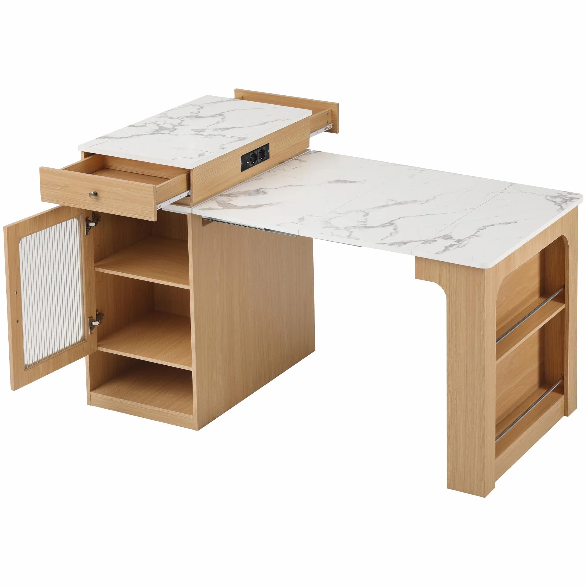 Kebnor Isla de Cocina con Ruedas, Mesa de Comedor Extensible con Tablero Desmontable, Mesa de Bar con Regletas de Enchufes, Sirve como Aparador o Alacena para Cocina y Sala