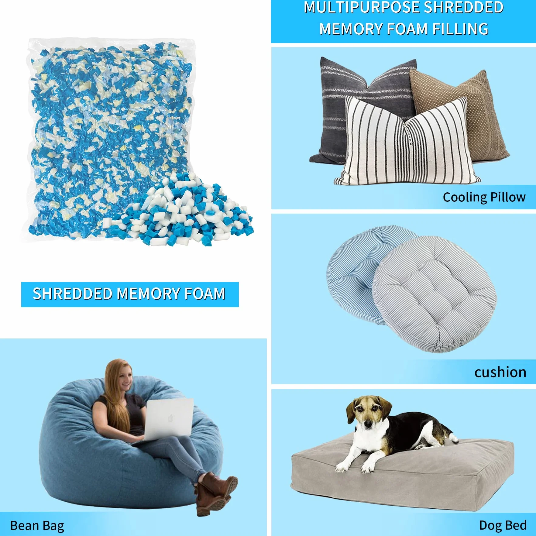 Relleno de espuma viscoelástica de gel triturado de 6,6 kg, relleno cómodo y suave, relleno de espuma viscoelástica para almohada refrescante, puf, animal de peluche, cama de perro, cojín de