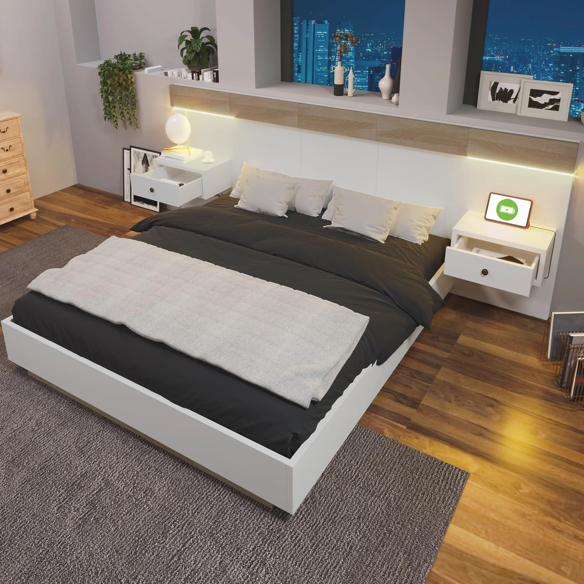 Dolamaní Dormitorio Juego completo 180 x 200 cm, cama doble con 2 mesitas de noche, cama de madera con cabecero y marco de cama, con 2 cajones, blanco (doble*180, con mesita de noche)