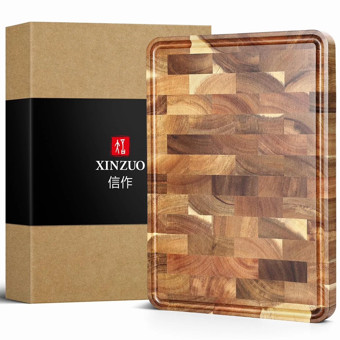 XINZUO Tabla de Cortar de Madera de Acacia- (35x25x2.6cm) Tabla de Cortar Cocina Hecha a Mano Trinchar Tabla de Carne- con Patas Antideslizantes, Asas Laterales y Ranura para Jugos
