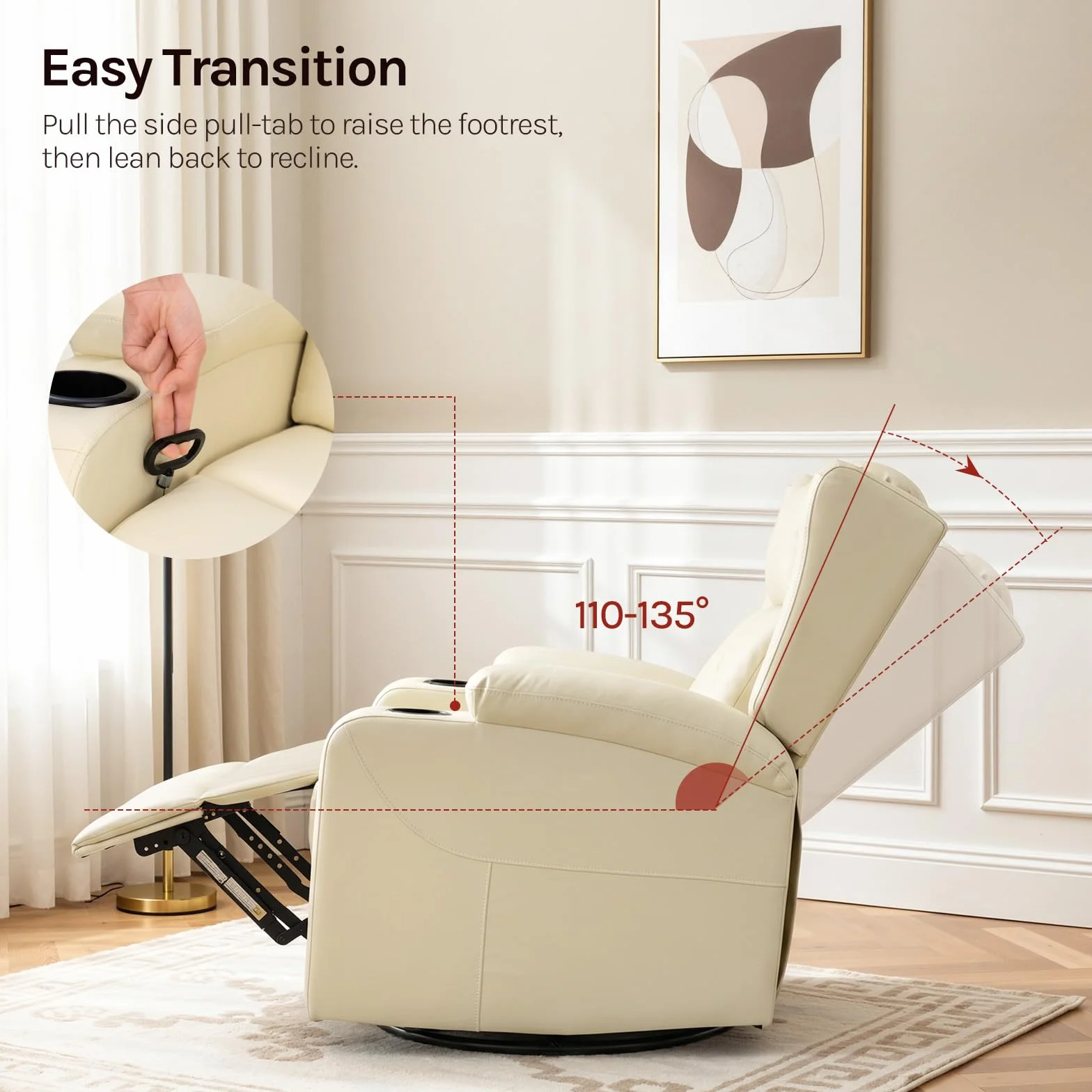 WOLTU Sillón Relax Reclinable, Sofa Individual Giratorio 360° de Función Balanceo y Respaldo Ajustable, con Reposapiés, Bolsas Laterales y Portavasos, Carga 150 kg, Tapizado en PU, Beige