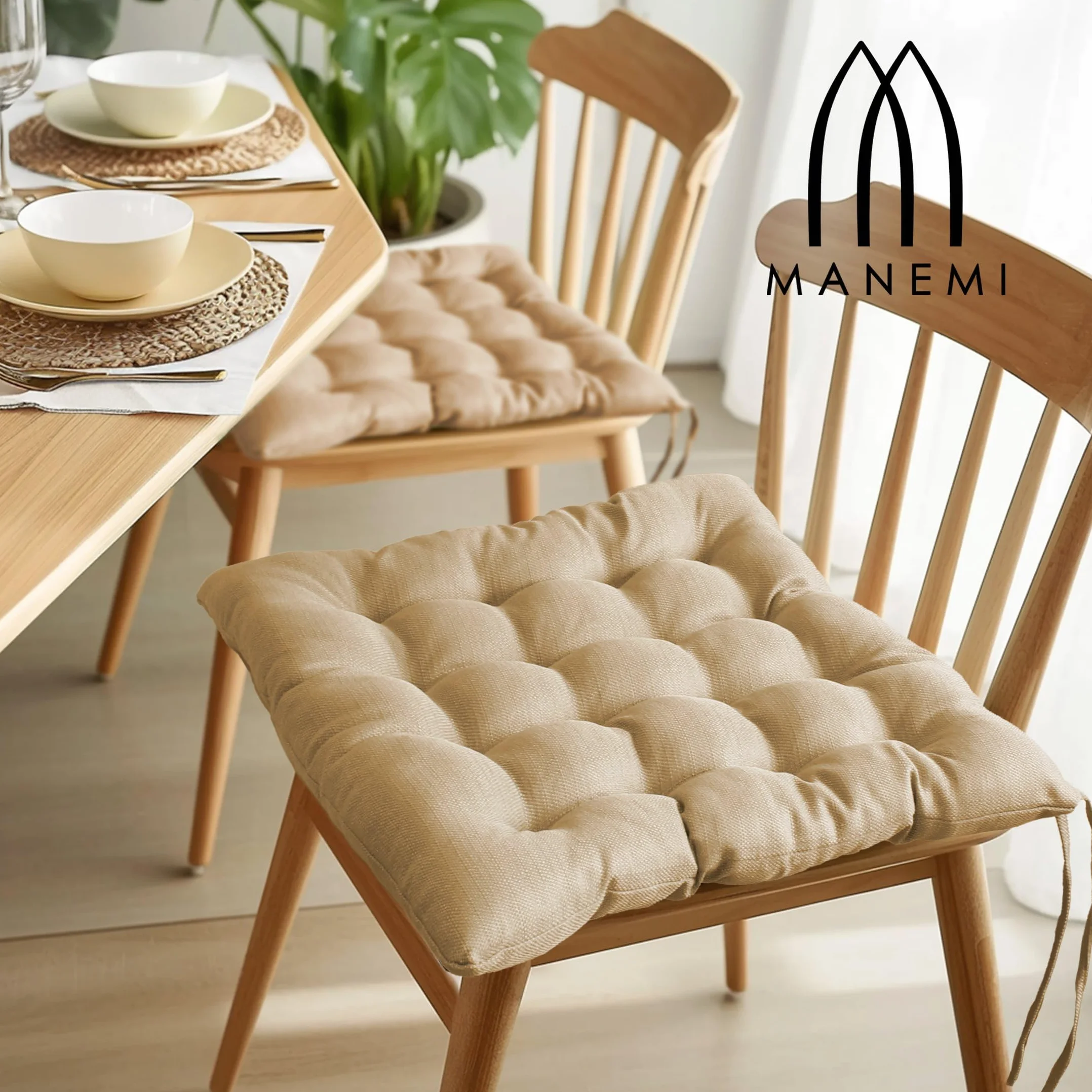 MANEMI Pack 6 Cojines para Silla 40x40x5cm - Cojín Decorativo con Textura de Bambú para Silla, Sofá o Comedor - Juego de Cojines de Asiento Estilo Rústico y Transpirable con Cintas de Sujeción