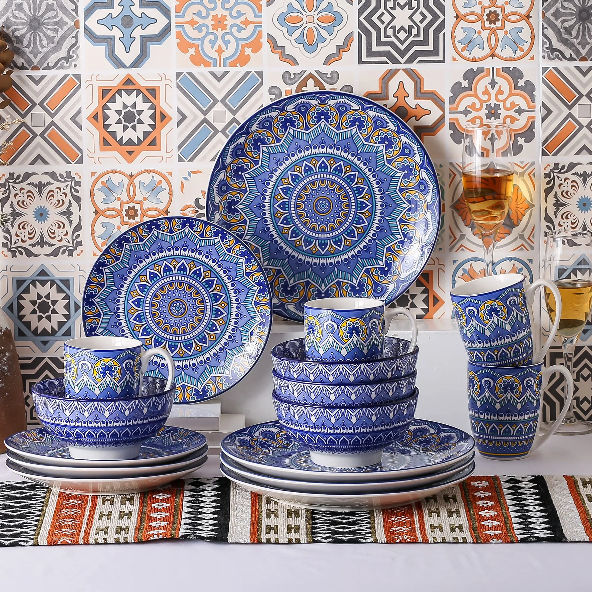 vancasso serie Mandala Vajillas de 48 piezas de Porcelana Multicolor Vajillas Completas Diseño Floral Mandala para 12 Personas (Azul)