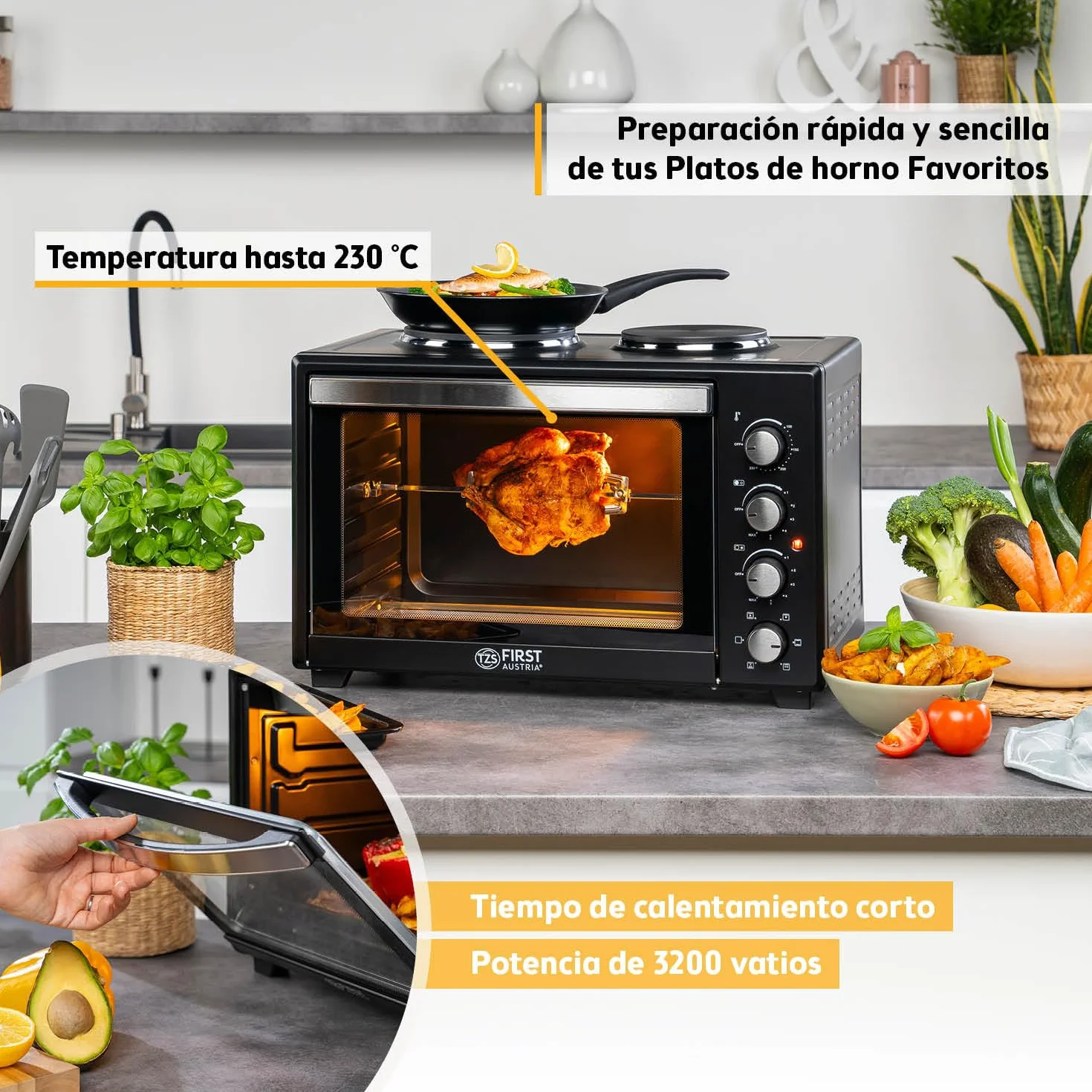 First Austria Mini Horno 45L 3200 W con Quemadores para Pizza 230°C Revestimiento Antiadherente Multihorno 4 Alturas