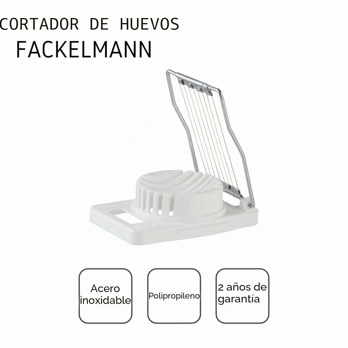 Fackelmann Cortador de Huevos, apto para Huevos Cocidos o Duros, con alambres cortantes de acero inoxidable y estructura en polipropileno blanco, 11x8 cm, 1 ud