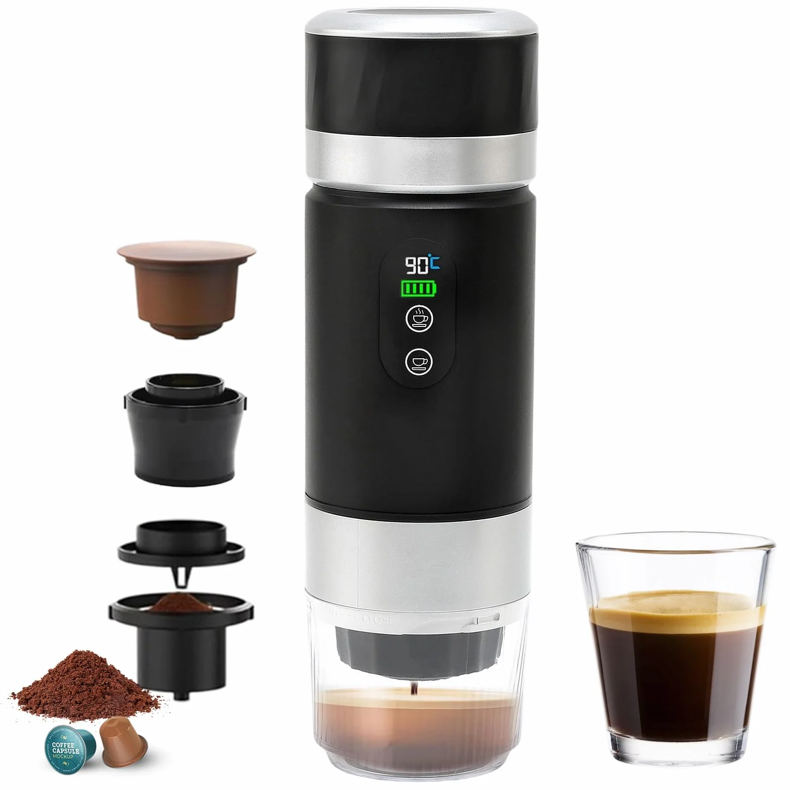 Cafetera Portátil Eléctrica 3 en 1 con USB, Compatible con Cápsulas y Café Molido, para Acampadas y Oficina (Negro)