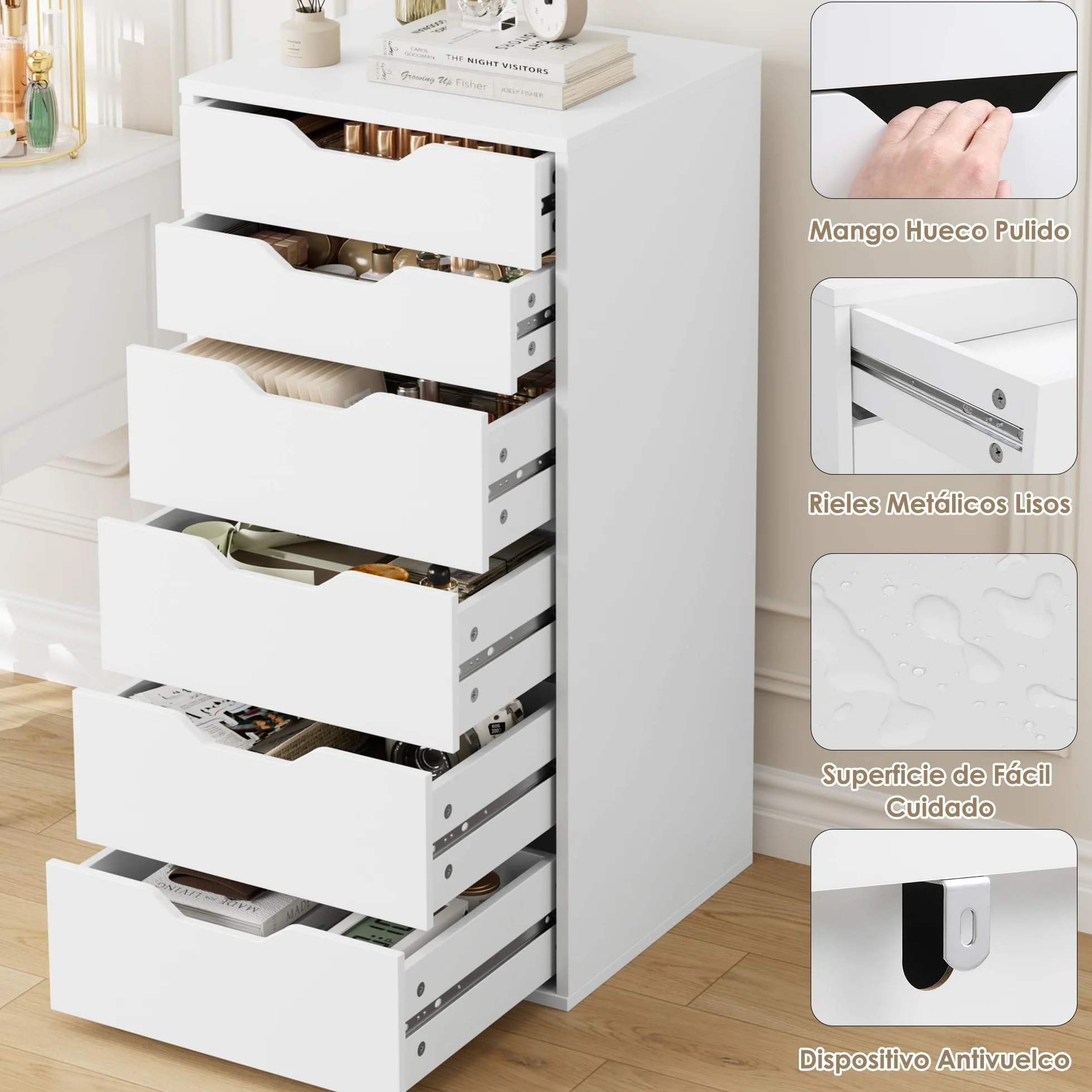 FOREHILL Comoda Dormitorio Comodas y Cajoneras Sinfonier Dormitorio Alto Cómoda Cajonera Estrecha con 6 Cajones Mueble Almacenaje para Salón, Oficina, Blanco 45x40x90.5cm