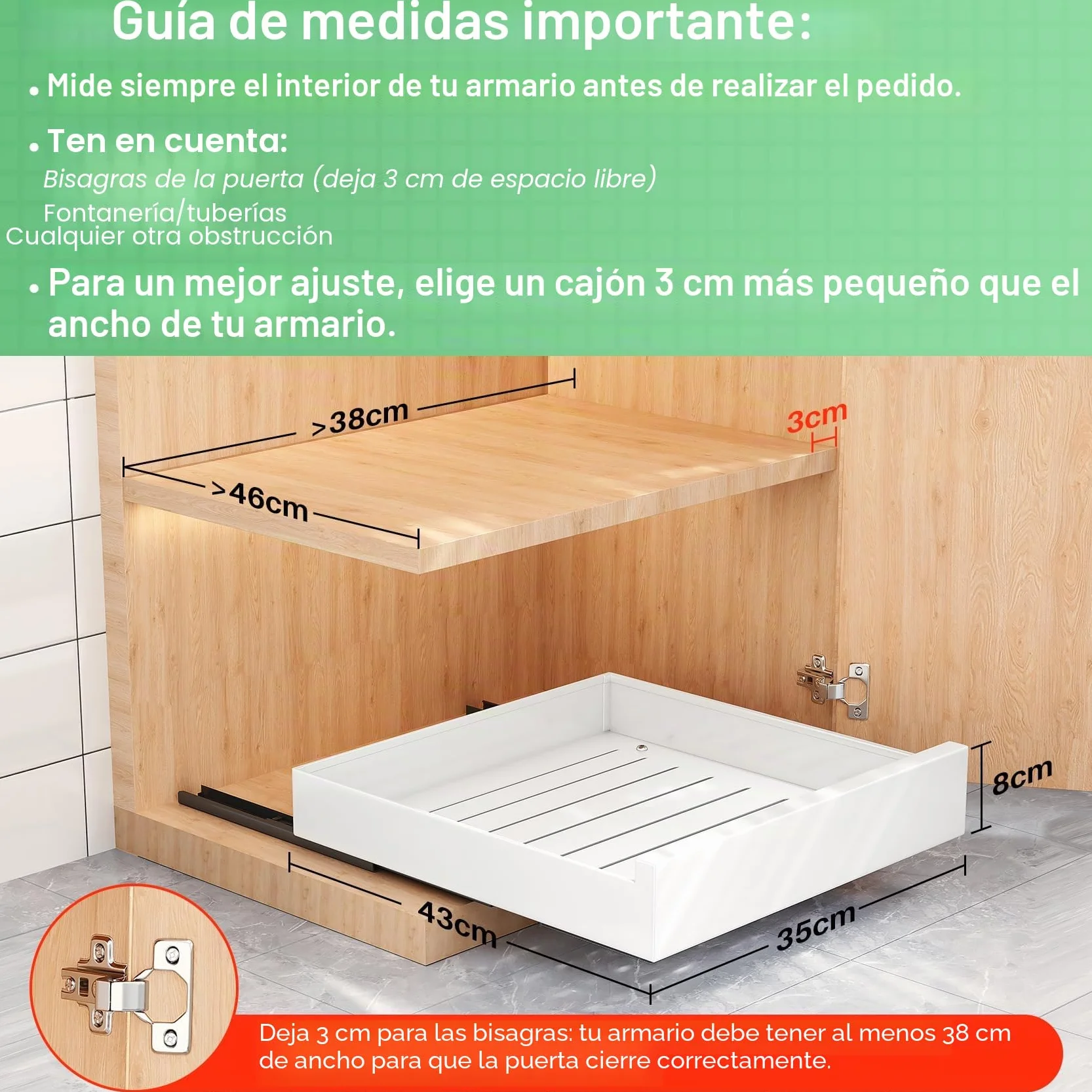 Kitstorack Organizador De Gabinete Extraíble, Estante Extraíble, Cajones Deslizantes Para Armarios De Cocina, Sin Necesidad De Taladrar Ni Clavar, 43 Profundidad X 35 Anchura X 8 Altura cm