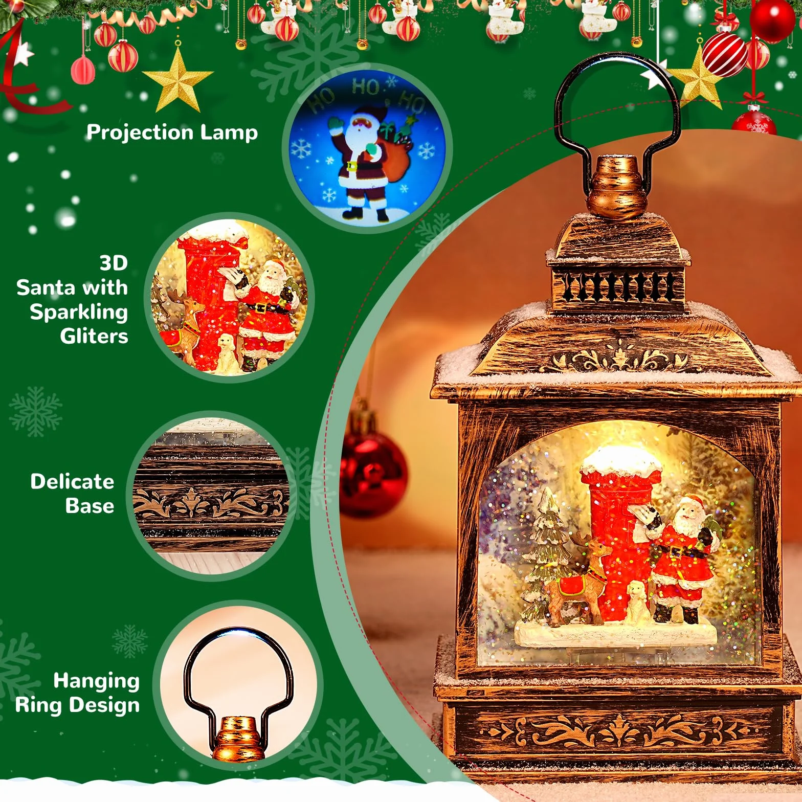 Linterna de Globo de Nieve Navideño Con Música - Papá Noel Brillante Para Decoración del Hogar - Funciona Con Pilas/USB - Regalo