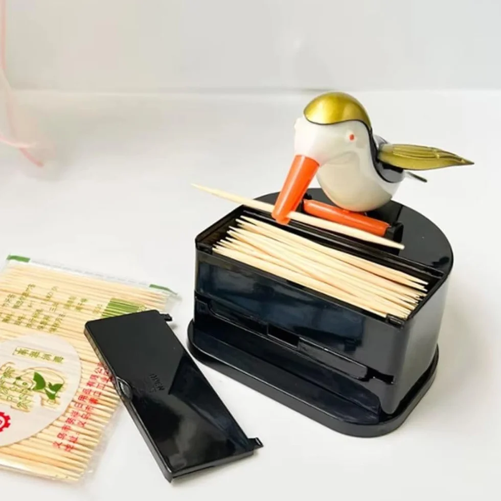 Caja de palillos de dientes emergente para pájaros carpinteros, dispensador automático de palillos de dientes para pájaros pequeños, tarro de hisopo de algodón portátil para el hogar (pájaro negro con