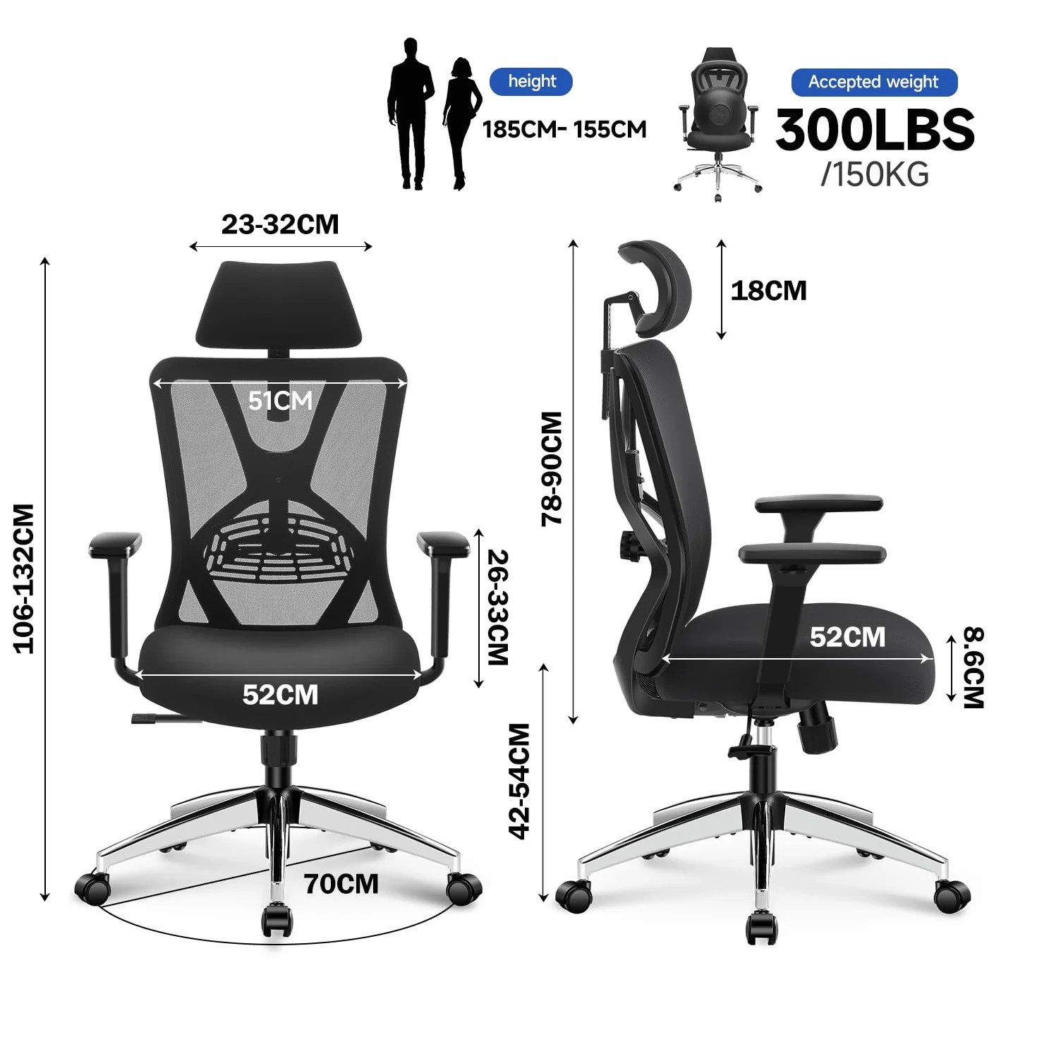 Ticova Silla de Oficina Ergonómica Respaldo Alto con Soporte Lumbar Ajustable Reposacabezas Reposabrazos 3D 130° Silla de Computadora Malla Mecedora