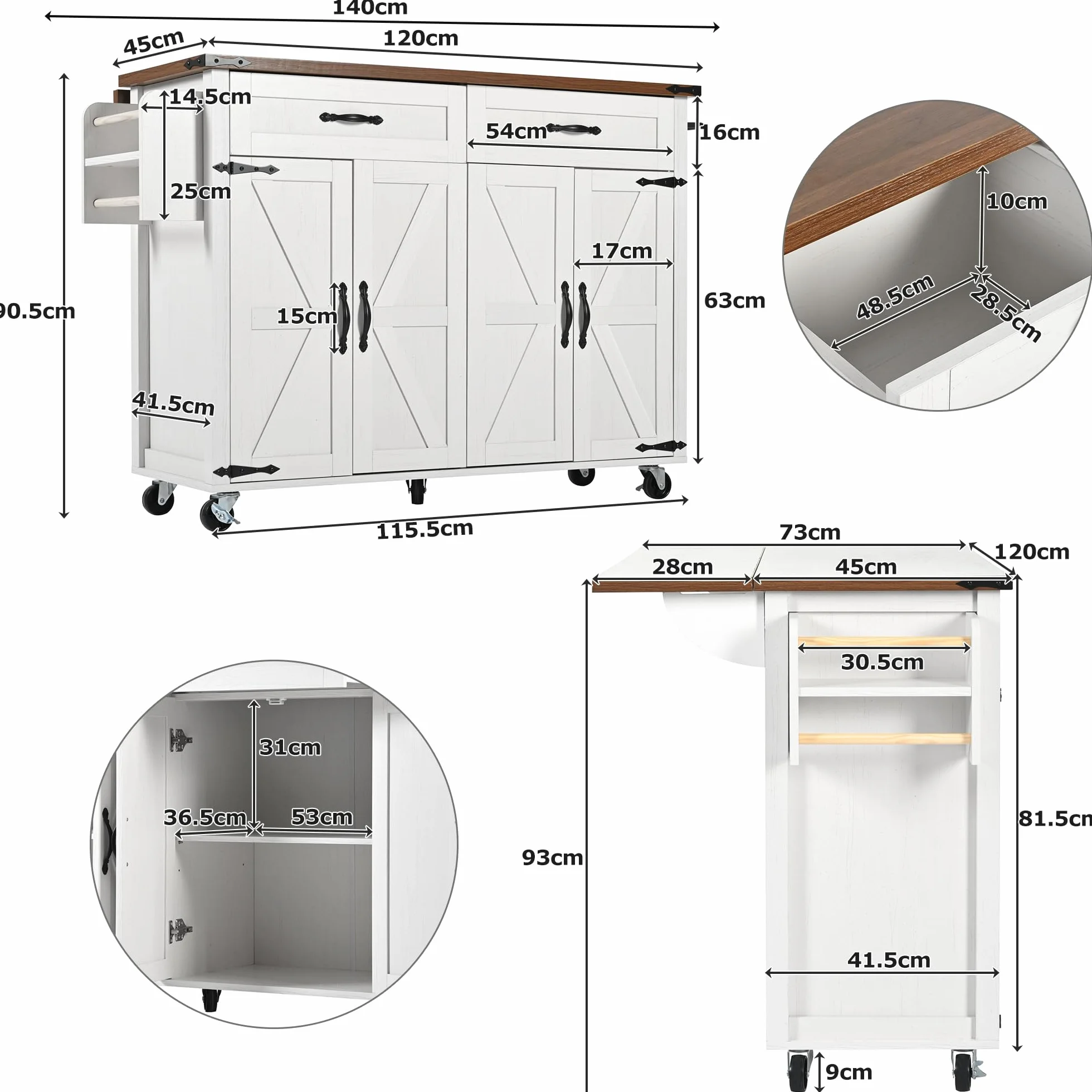 Isla de cocina con superficie de trabajo extraíble, mueble con cuatro puertas y dos cajones, carro de comedor