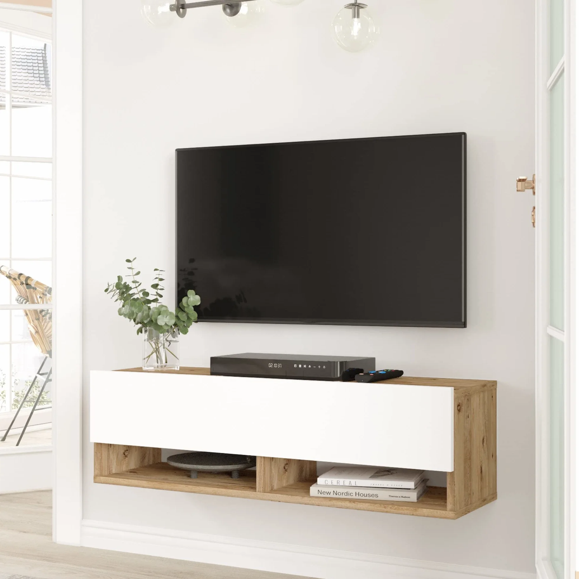 [en.casa] Mueble TV Suspendido con Espacio de Almacenaje Mesa Tele de Pared con Puerta y 2 Estantes Aglomerado 100 x 32 x 30 cm Roble Rústico/Blanco