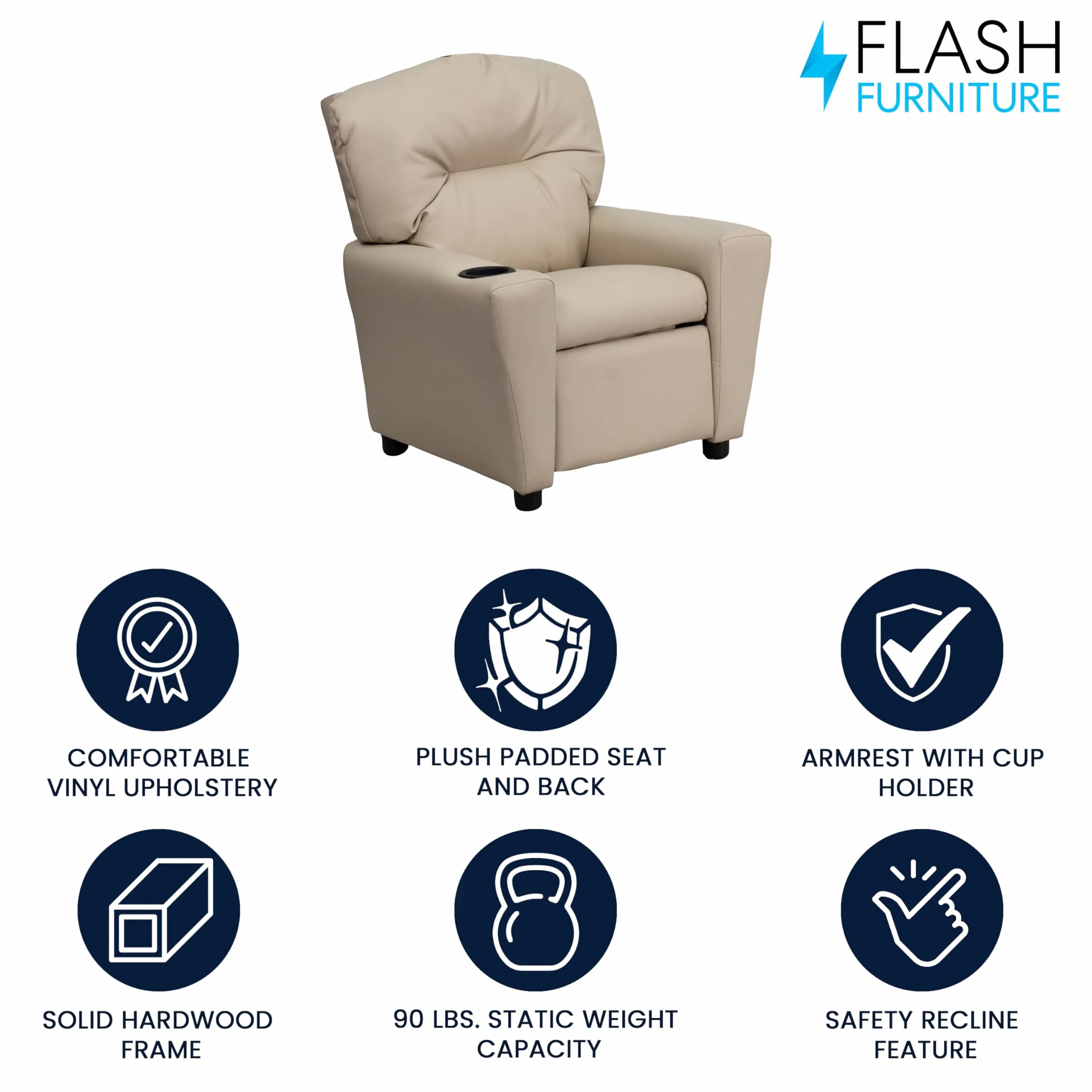Flash Furniture Sillón reclinable Chandler de Vinilo para niños con portavasos, admite hasta 90 lbs, Beige