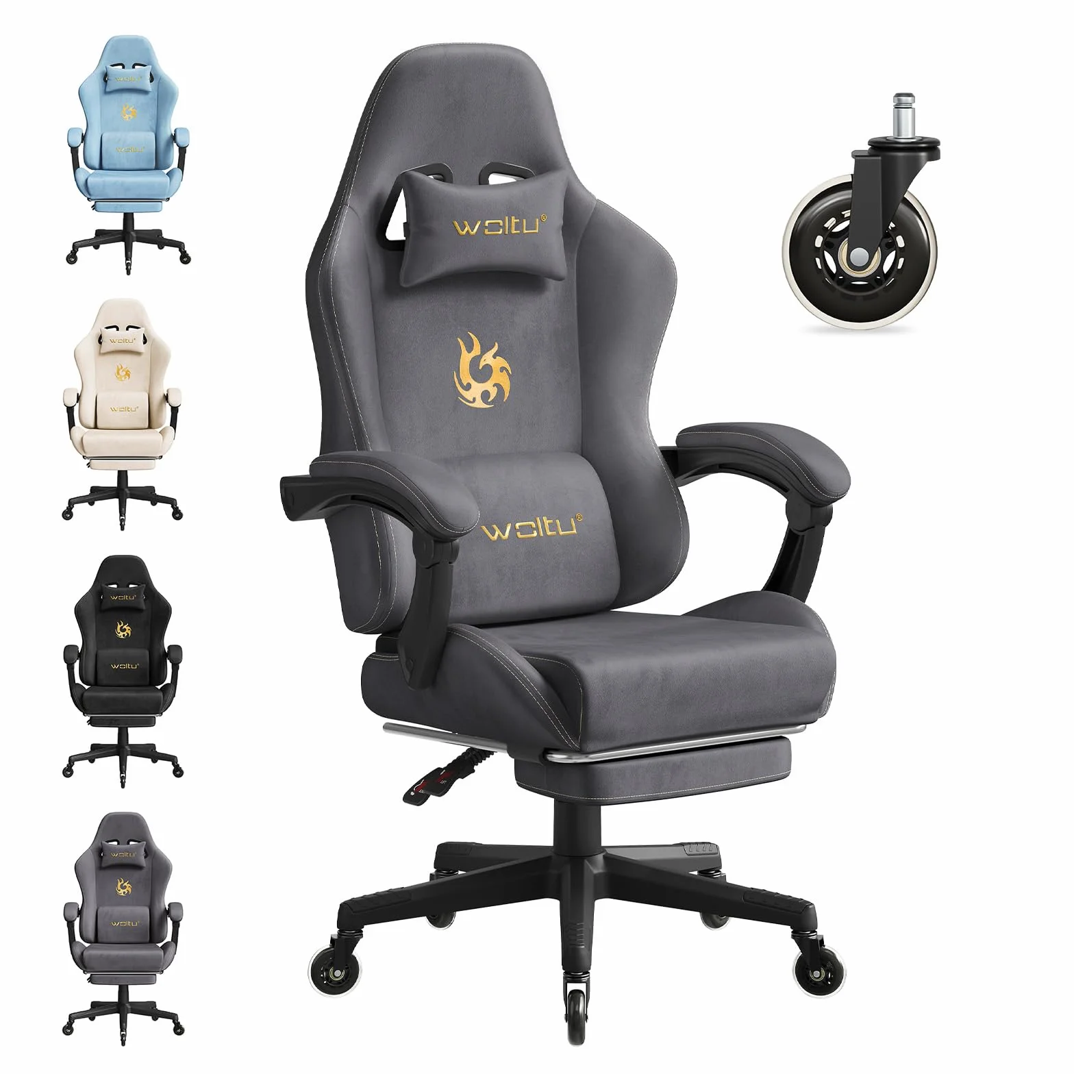WOLTU Silla Gaming con Soporte Lumbar Ergonómica Oficina Giratoria Reposapiés Tela Ante Gris