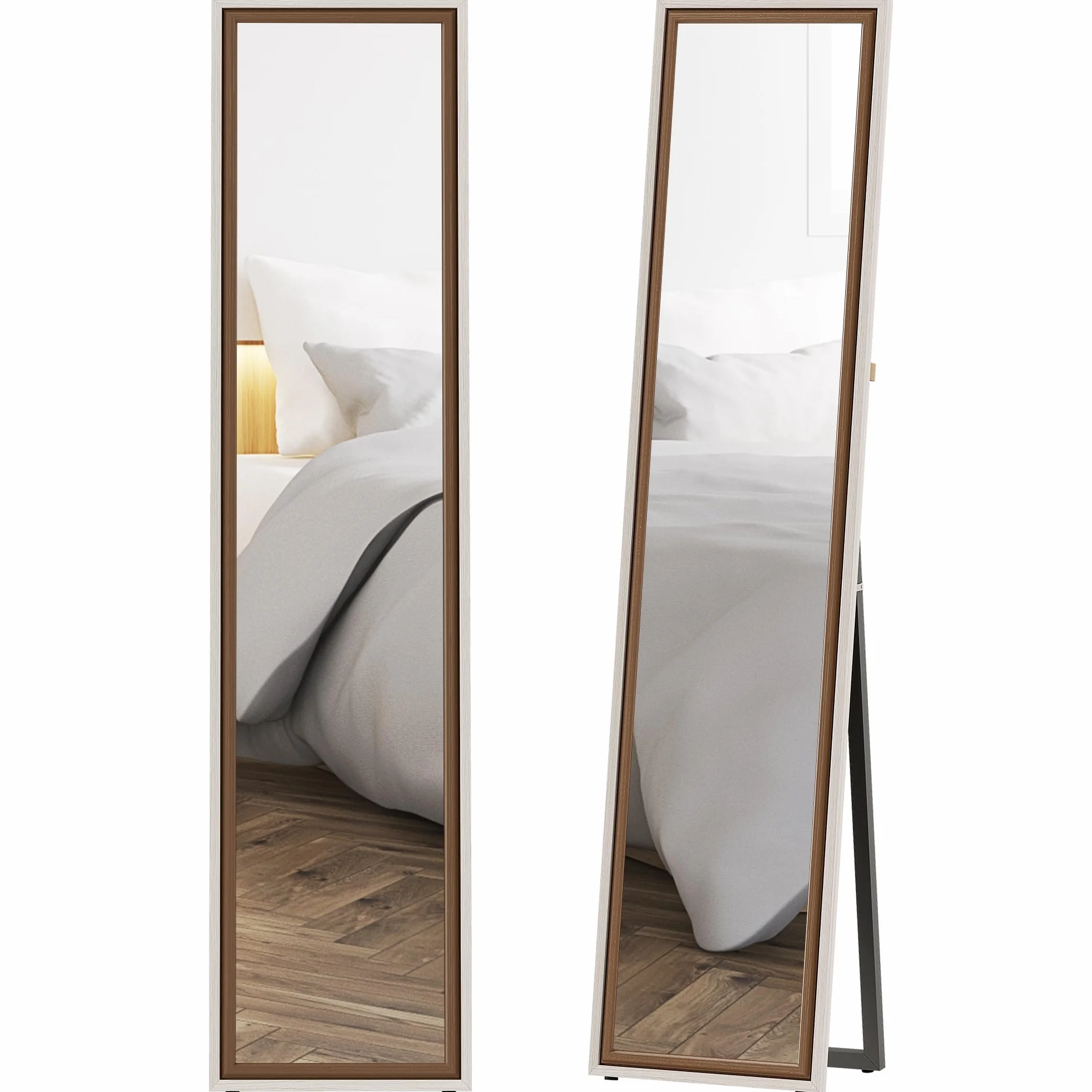 HOMCOM Espejo de Pie Cuerpo Entero 157x37 cm, Espejo Grande de Pared con Marco Bicolor, de Pie, Inclinado o Colgante, para Salón, Dormitorio, Pasillo, Entrada, Blanco y Marrón Oscuro