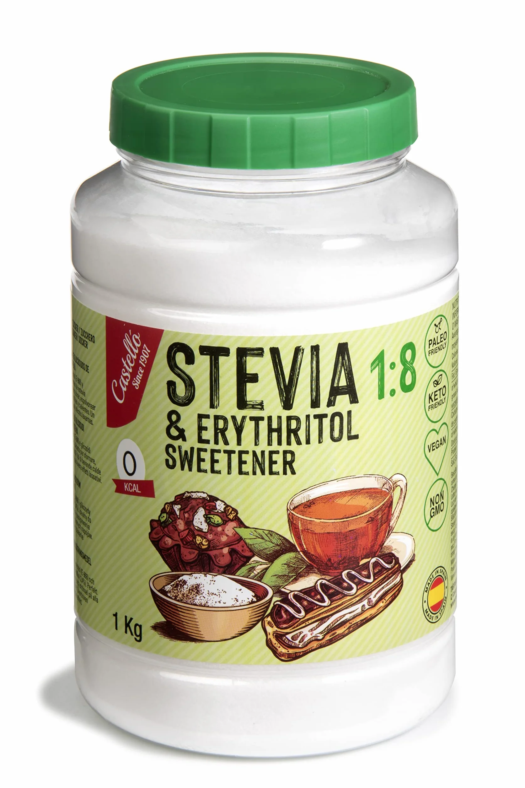 Castillo Stevia Eritritol 1:8 1 kg Sustituto del Azúcar 100% Natural 0 Calorías 0 Índice Glucémico Keto Paleo