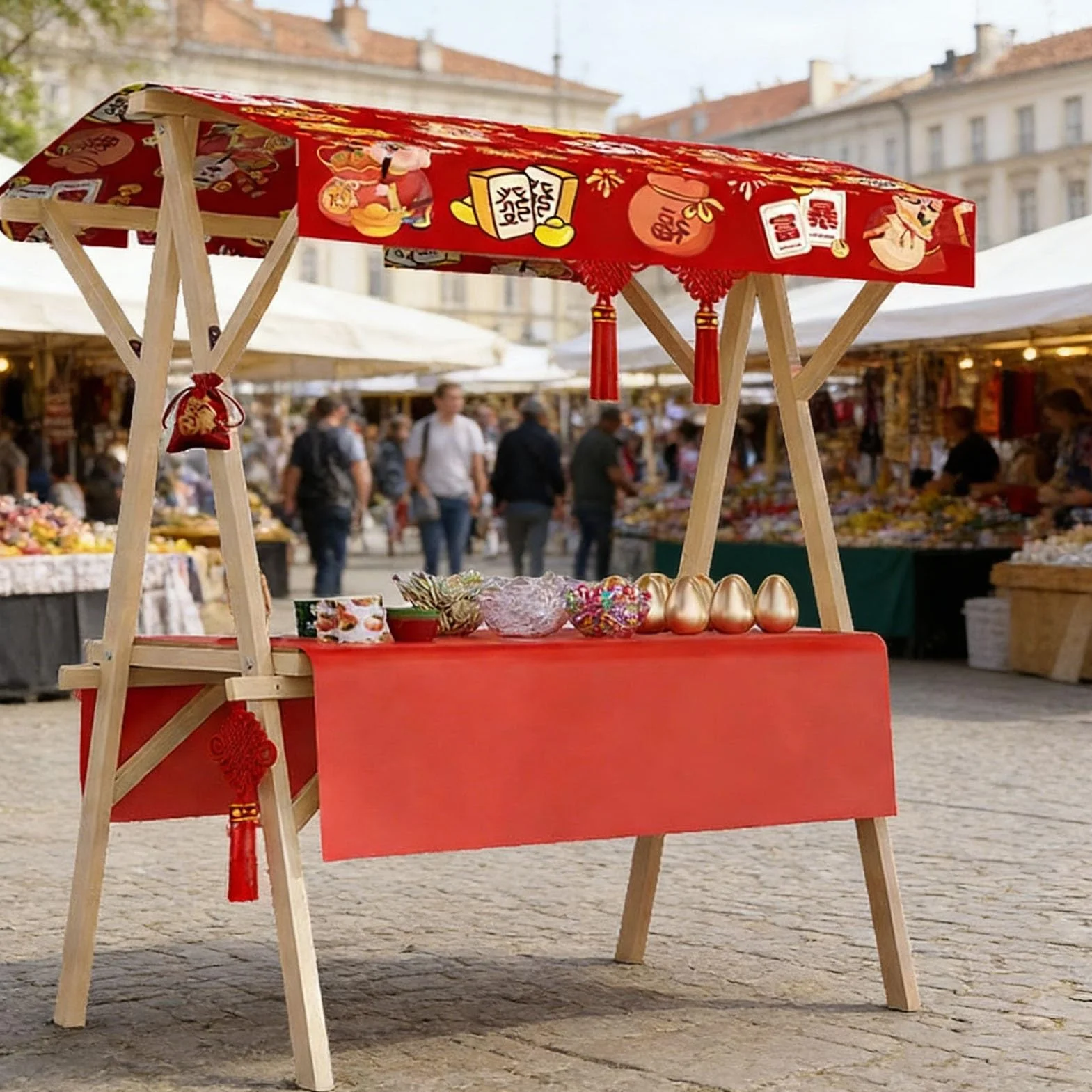Puesto De Mercado Portátil De Madera Cubierto De Tela, Carrito Plegable para Vendedores Ambulantes con Toldo, Venta Callejera, Mercadillos(Mahjong,47.2in/120cm)