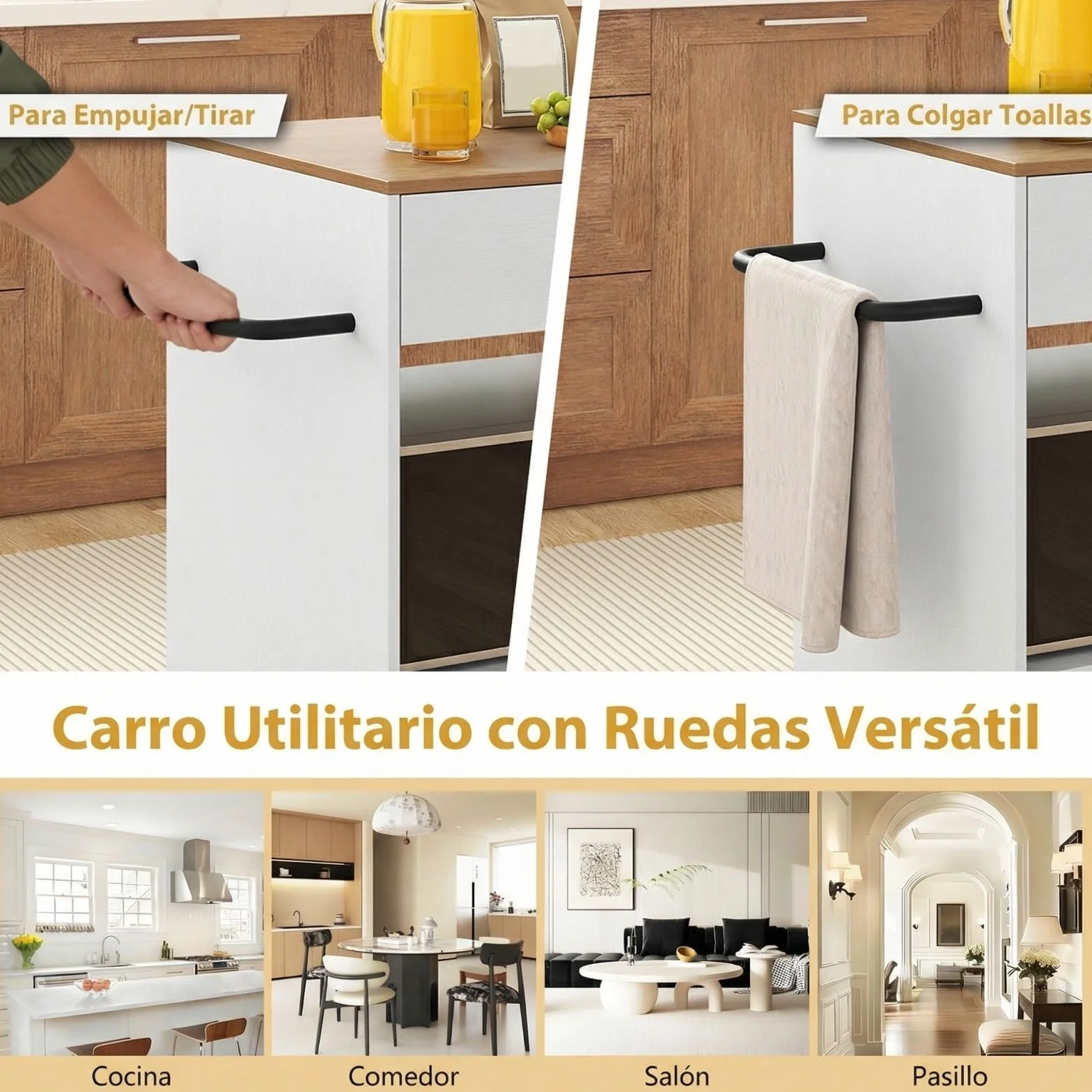 COSTWAY Carrito de Cocina con Ruedas, Armario de Sevicio Rodante con 3 Estantes Abiertos y un Cajón, Armario Grande de 2 Puertas, Carrito de Almacenamiento con Toallero y 2 Ruedas Bloqueables, Blanco