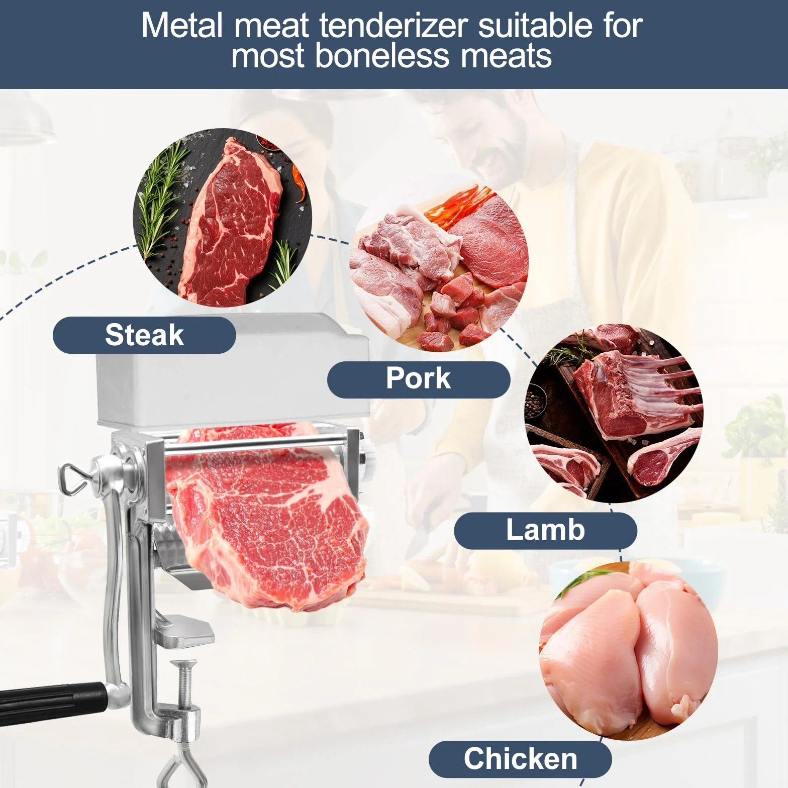 Ablandador de Carne Manual con Rodillos de Cuchillas de Acero Inoxidable para Pollo, Res, Bistec