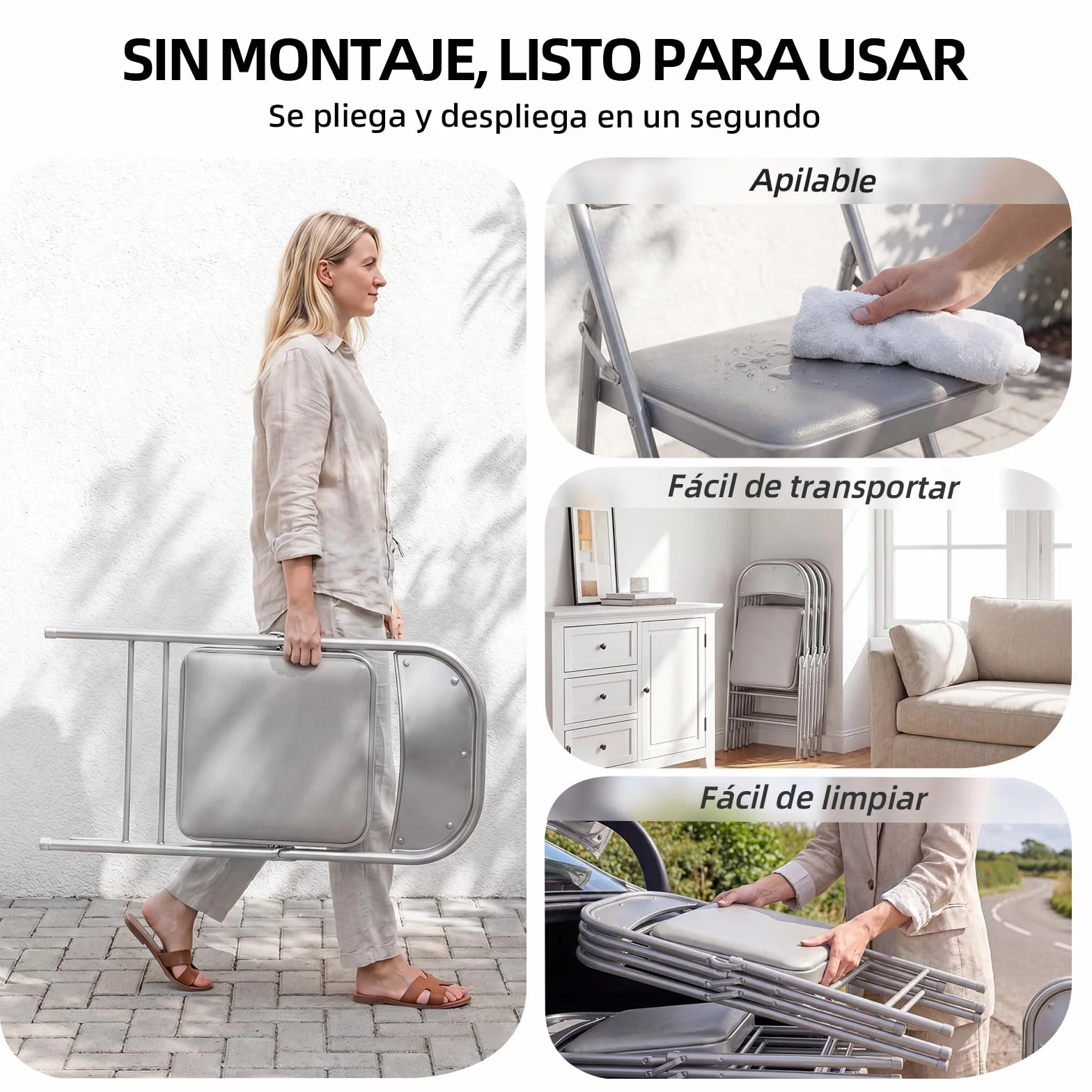 Juego de 4 sillas Plegables Acolchadas con Capacidad de Carga de hasta 158 kg, sillas Plegables de Metal con Fuerte Marco de Acero, sillas Plegables para Cocina, Comedor, Interior y Exterior