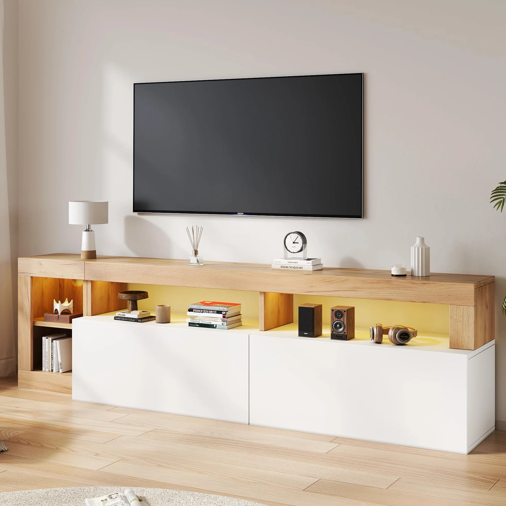 Mueble de TV moderno para televisores de hasta 80 pulgadas, espacio de almacenamiento abierto con luz indicadora LED, adecuado para armario de dormitorio y sala de estar, marco de madera