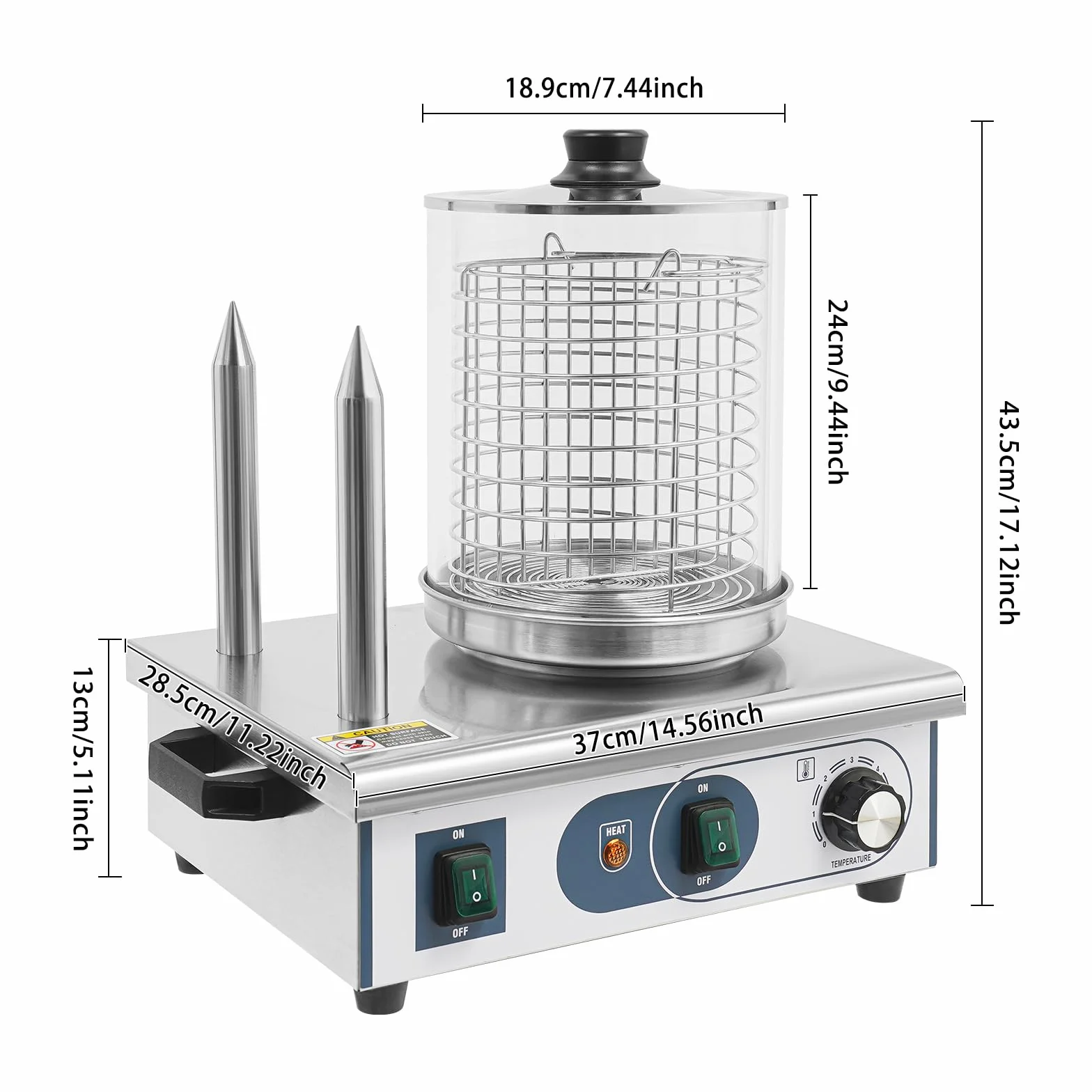 Calentador de perro caliente profesional, calentador de acero inoxidable con capacidad de 6 L y 2 barras de pan, control de temperatura 50-300 °C, potencia de 550 W para comida y fiestas, 37 x 28,5 x