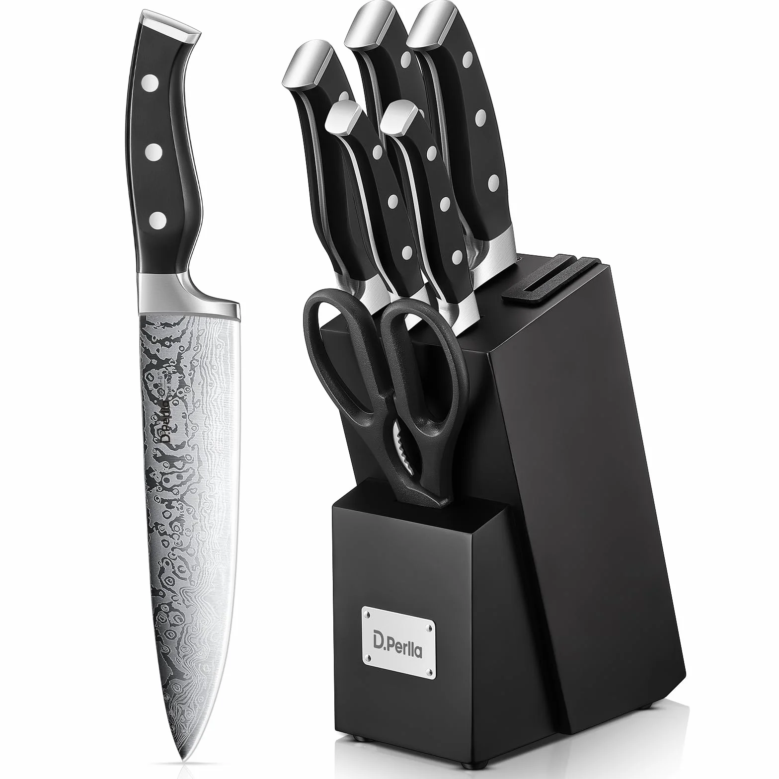 D.Perlla Juego de Cuchillos de Cocina de Acero Inoxidable de 7 Piezas con Afilador Incorporado, Negro