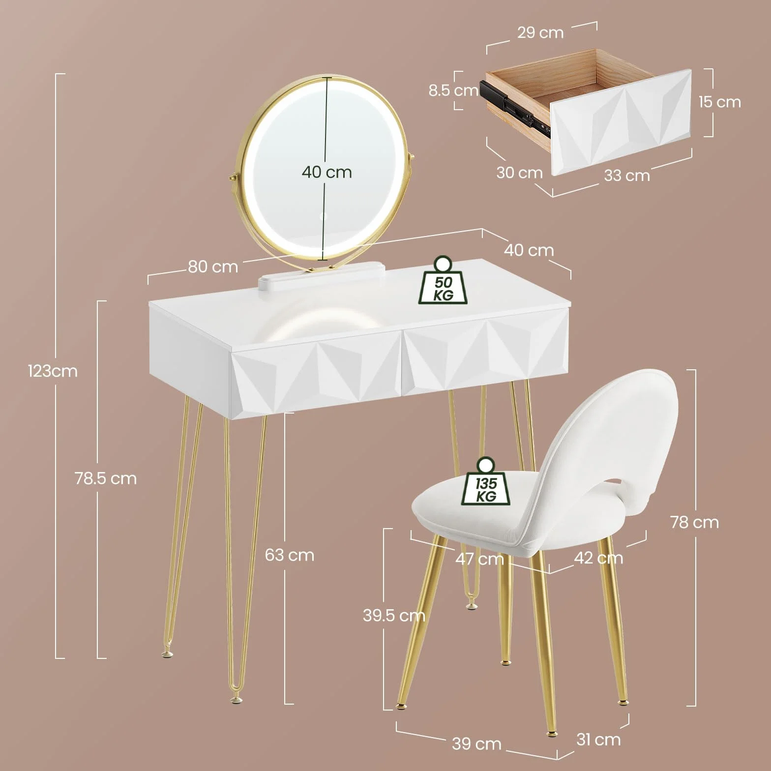 EUGAD Tocador de Maquillaje con Luz y Taburete, Conjunto de Tocador con Espejo con Silla Terciopelo, con 2 Cajones, Blanco + Dorado, 0056SZT