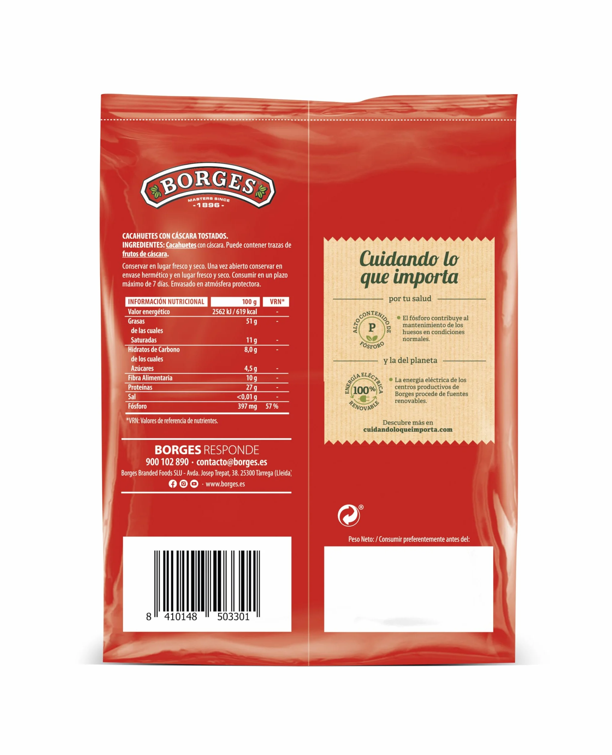 Borges Cacahuete con Cáscara Tostado Frutos Secos sin Gluten Paquete 350 gramos