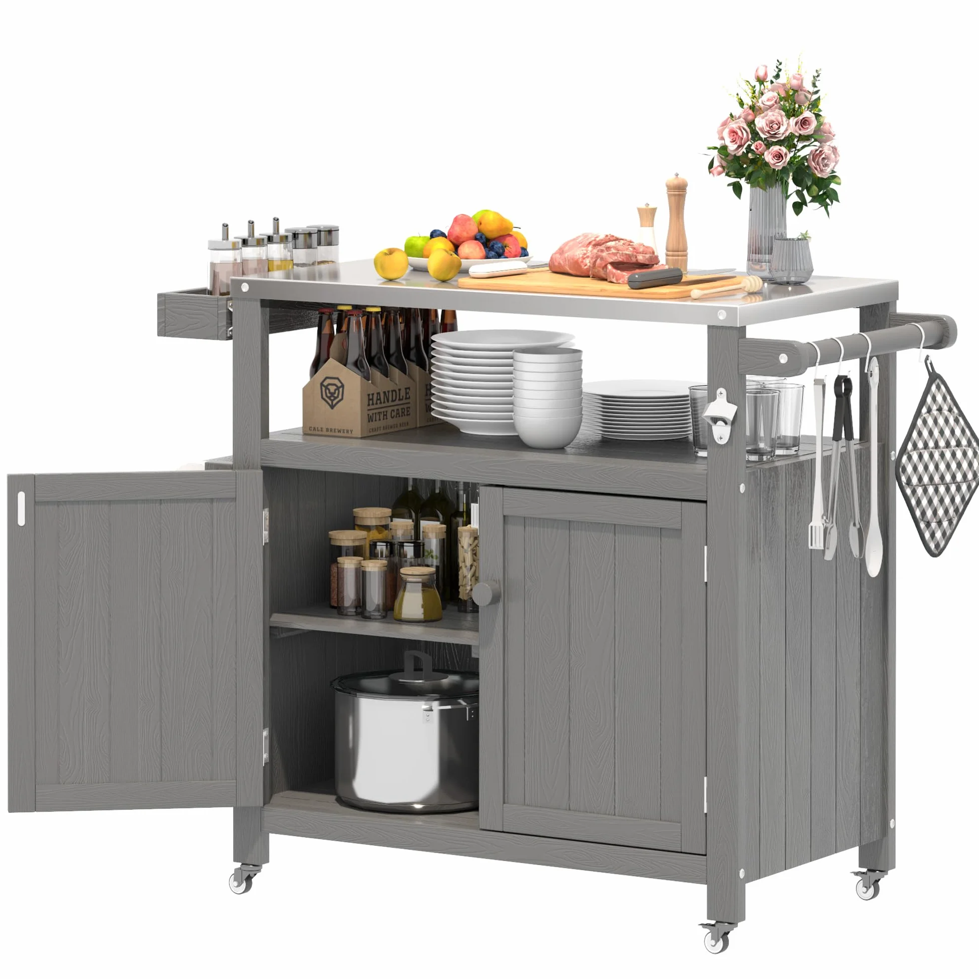 Isla de Cocina Exterior HIPS Impermeable con Top de Acero Inoxidable & Armario de Almacenamiento, Mesa de Preparación Móvil con Ruedas para Preparar Comida BBQ, Carrito de Grill Exterior para Fiestas