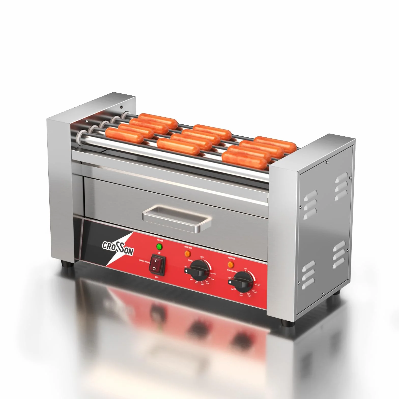 CROSSON Maquina Perritos Calientes 7 Rollos con Calentador de pan,Hot Dog Maquina Comercial de Acero Inoxidable con Control de Temperatura,1050W