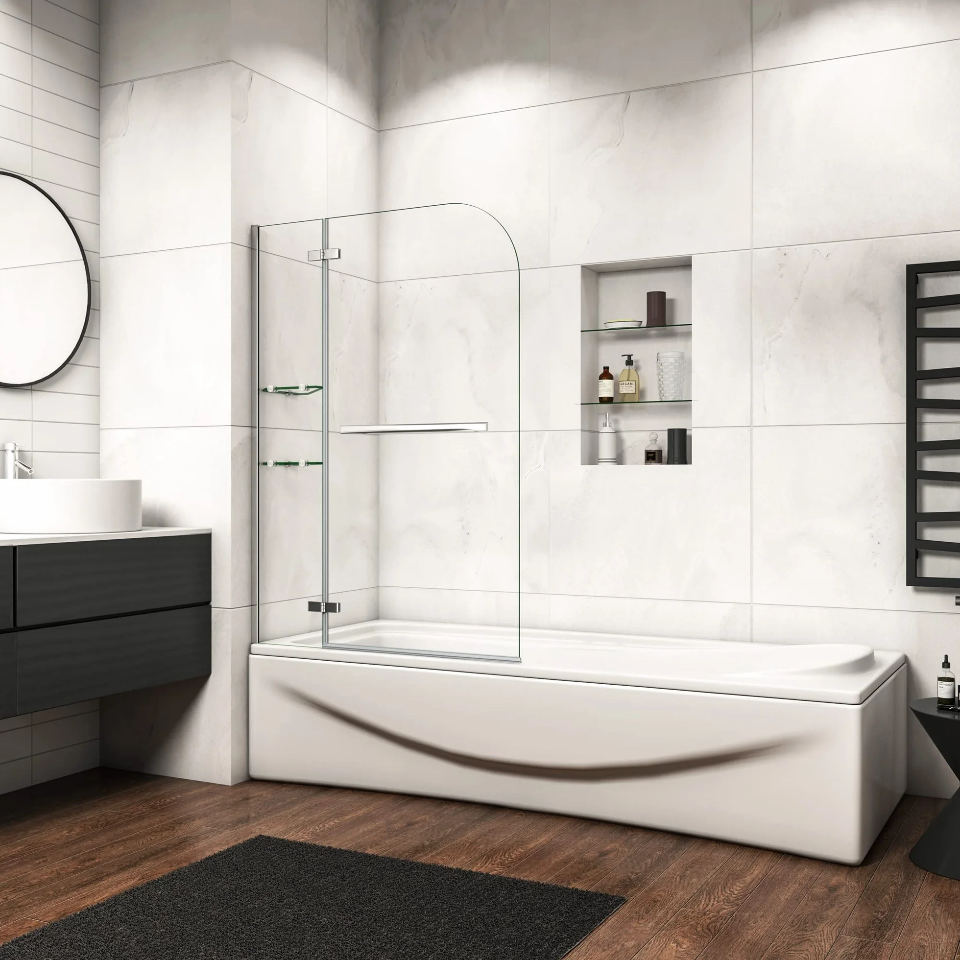 Mamparas de Bañera Biombo de Baño Abatible Cristal Templado 5 MM Estante Toallero, 100x140 CM